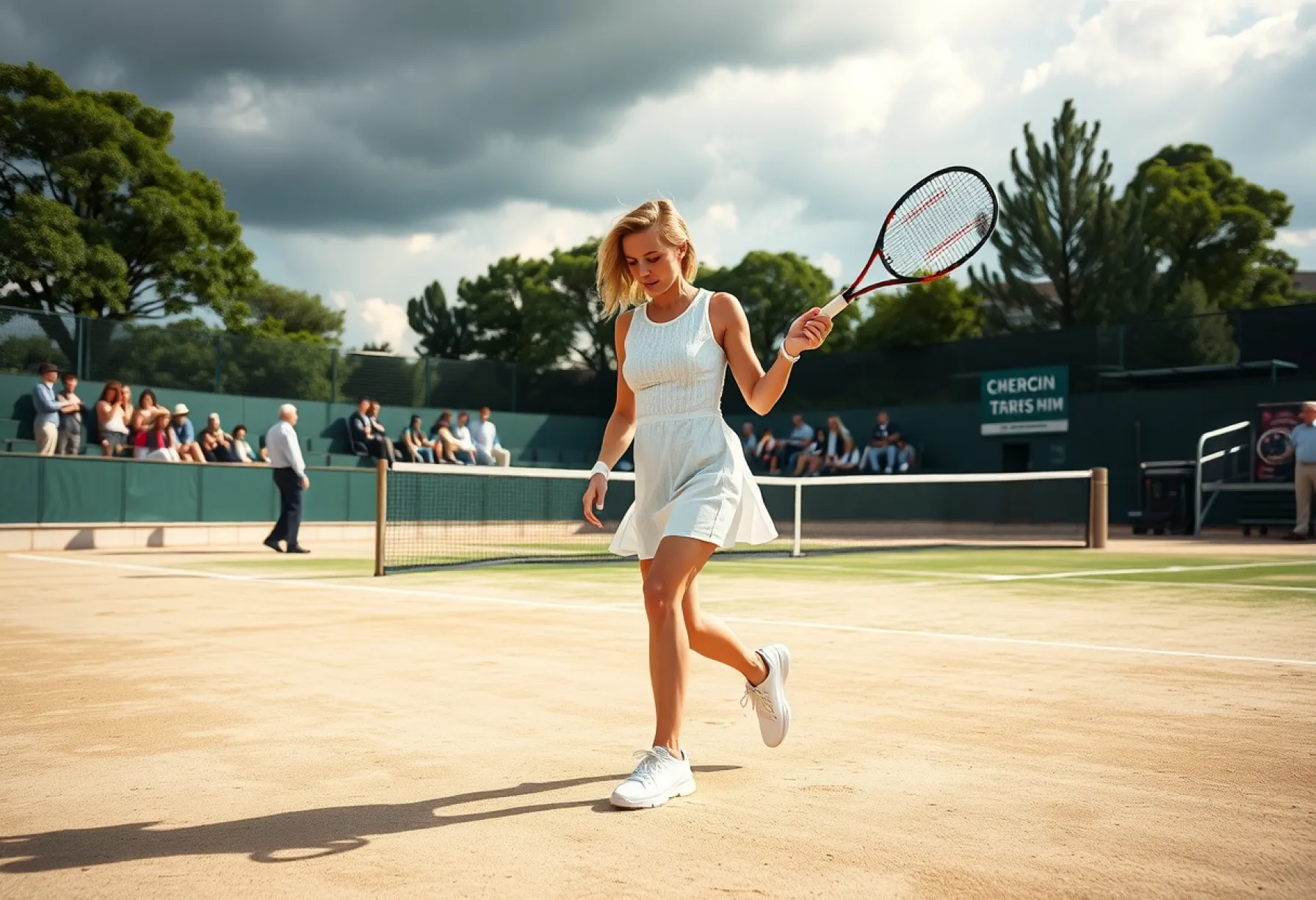 Spielerin auf Tennisplatz bei bewölktem Himmel in Aktion