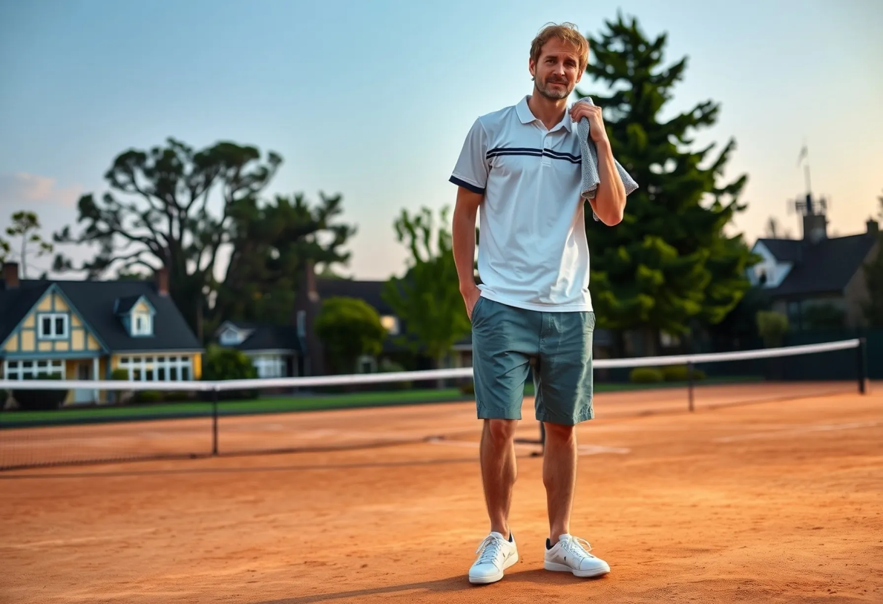 Tennisspieler in klassischer Sportkleidung auf beleuchtetem Sandplatz im Abendlicht