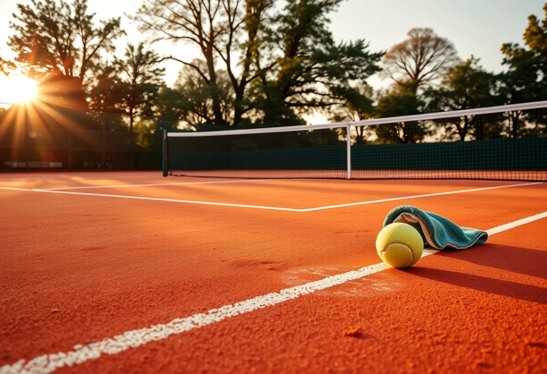 Abendstimmung auf einem verlassenen Tennisplatz aus rotem Sand