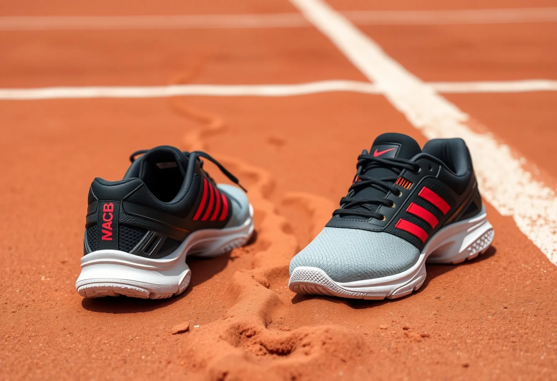 Modern gestaltete Tennisschuhe auf rotem Sandplatz mit schwarz-weißen Farben und roten Akzenten im Sonnenlicht