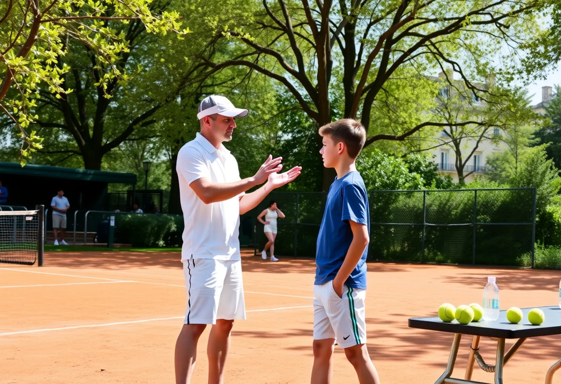 Tennisunterricht auf Sandplatz in Paris: Lehrer vermittelt Vorhandtechnik an Jugendlichen