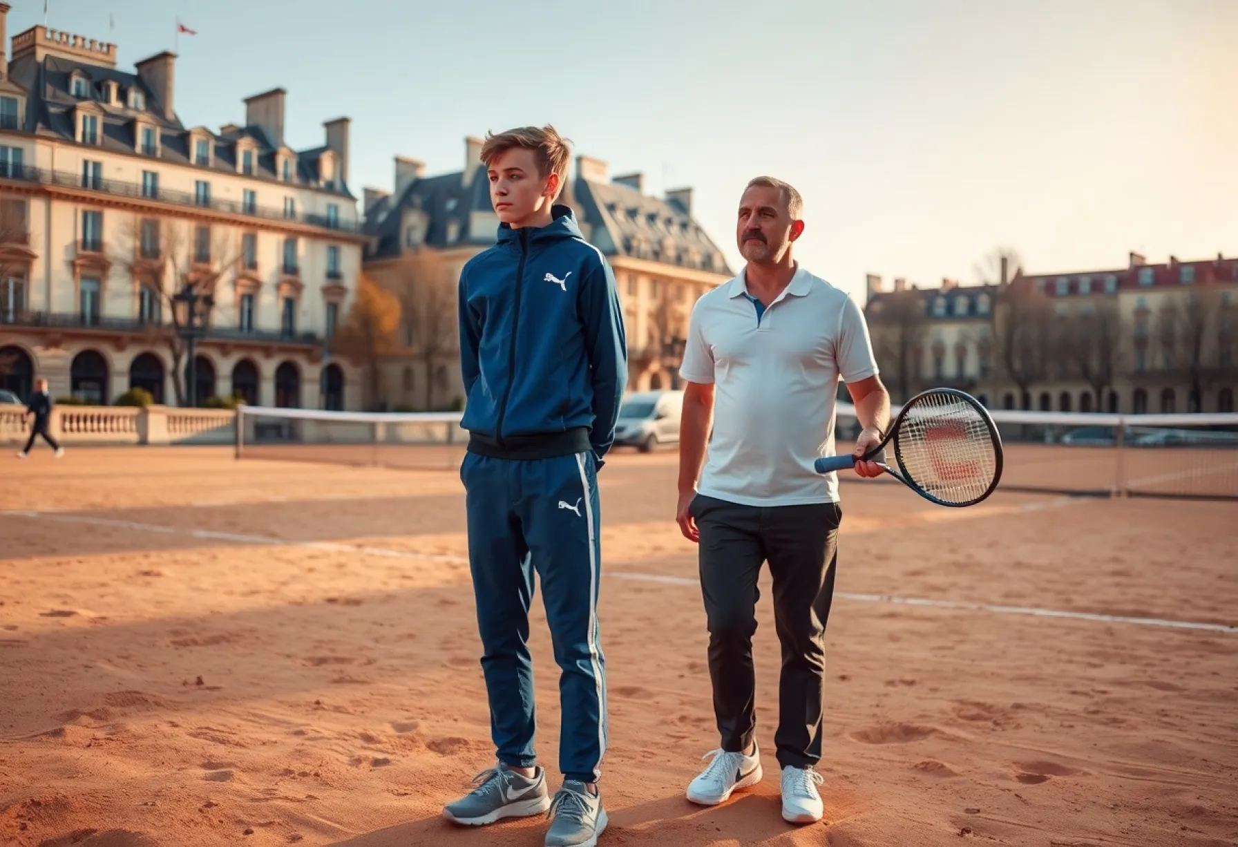 Tennisunterricht auf einem Sandplatz in Paris: Lehrer und Schüler im Abendlicht