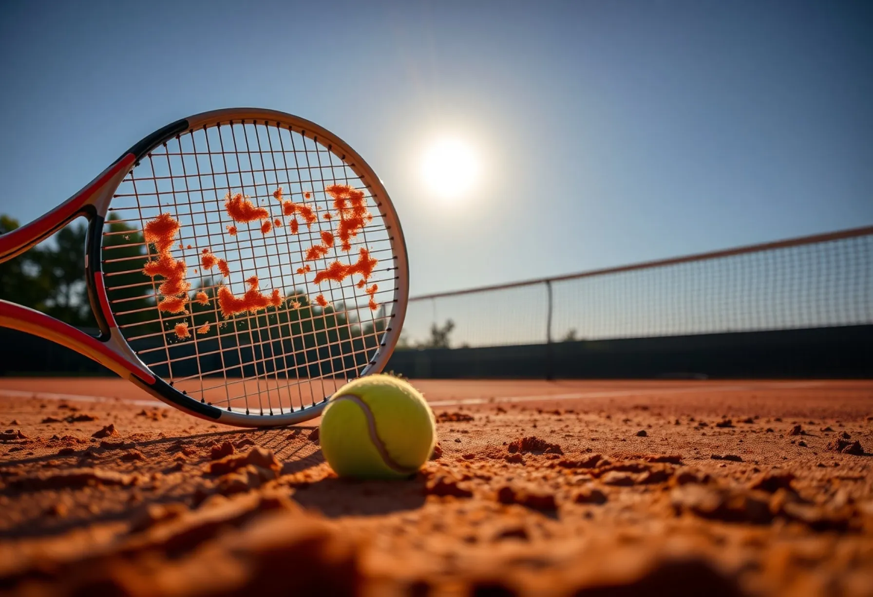 Tennisschläger und Ball auf rotem Sandplatz unter klarem Himmel in Südfrankreich