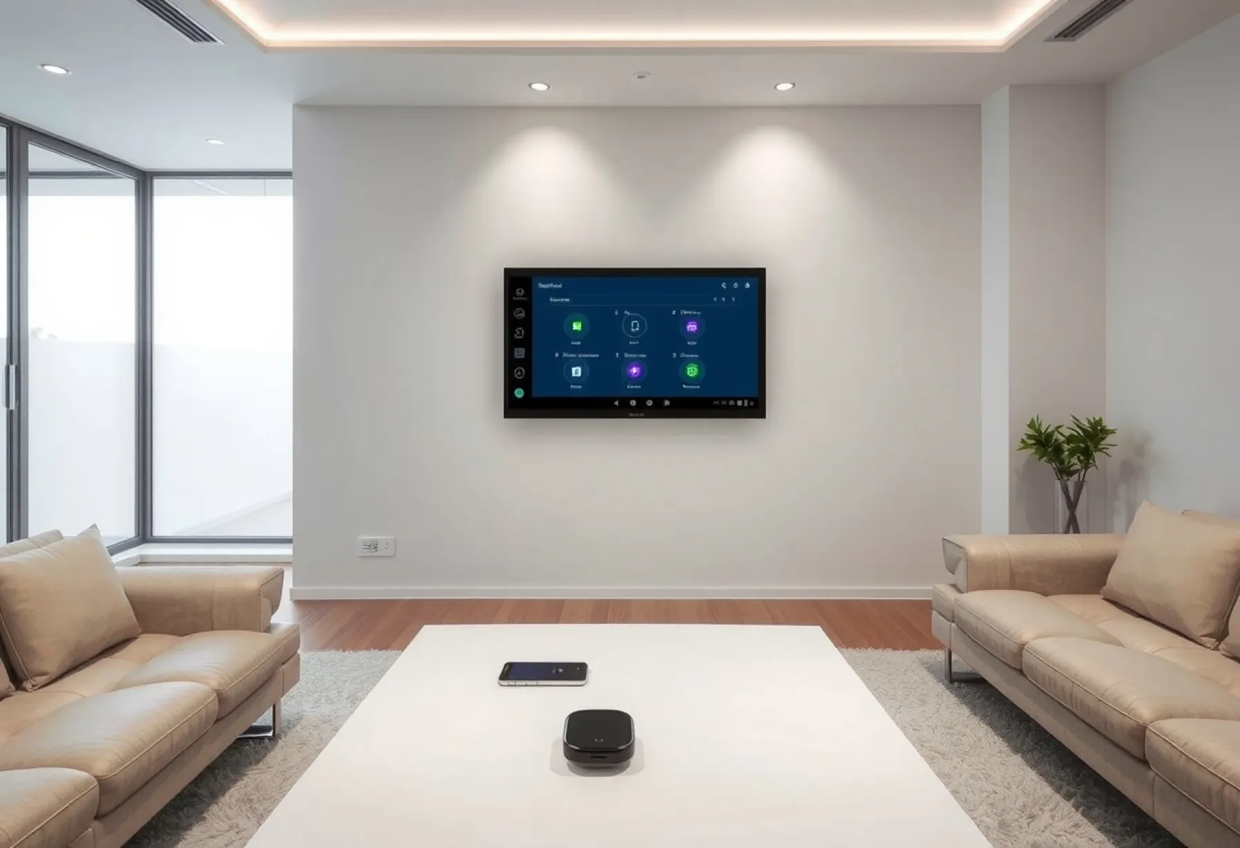 Automatisierungszentrale im modernen Wohnzimmer in Tokio mit Touchscreen-Steuerungssystem