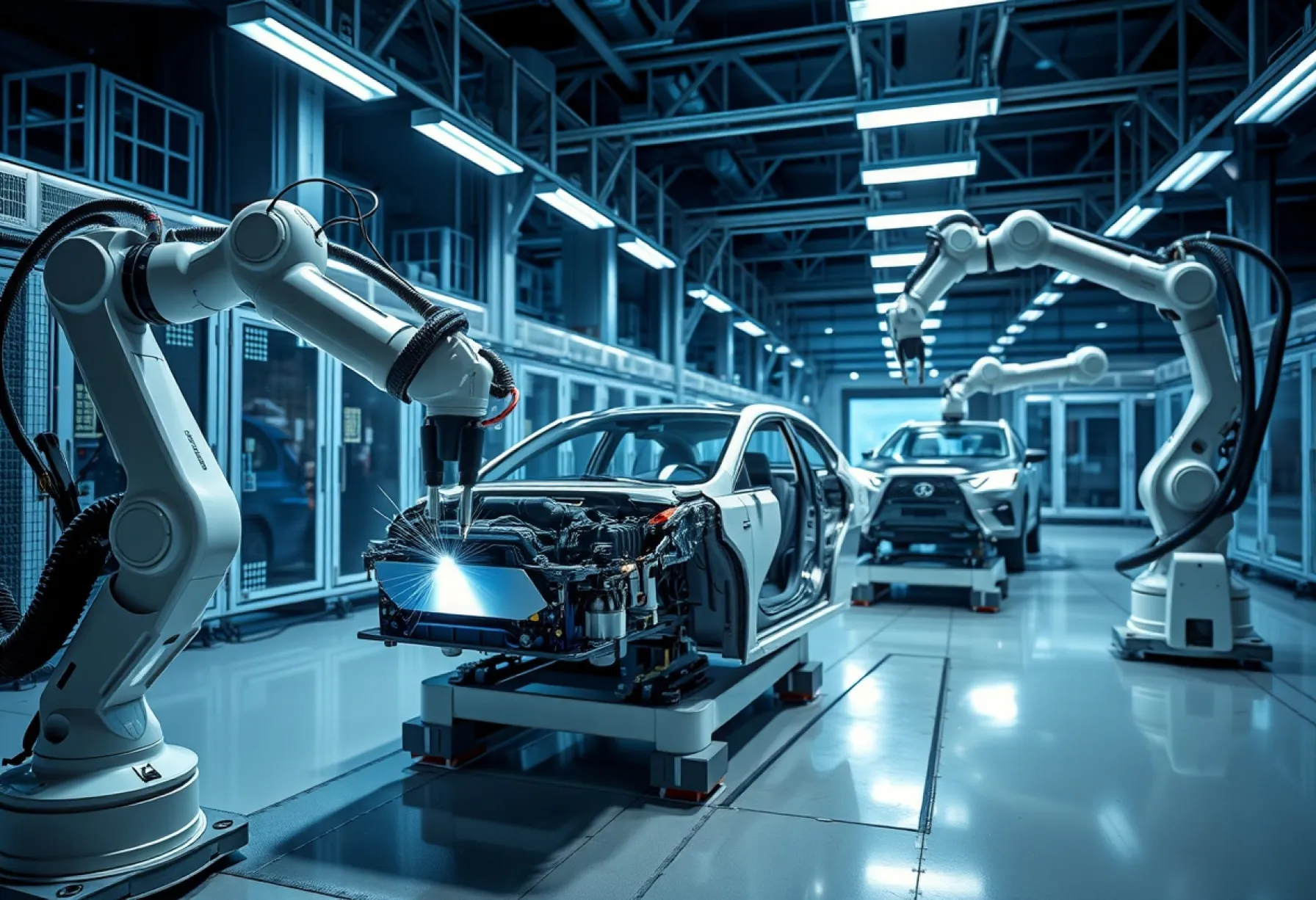 Industrieroboter in koordinierter Aktion bei der Automobilproduktion in Osaka, Japan