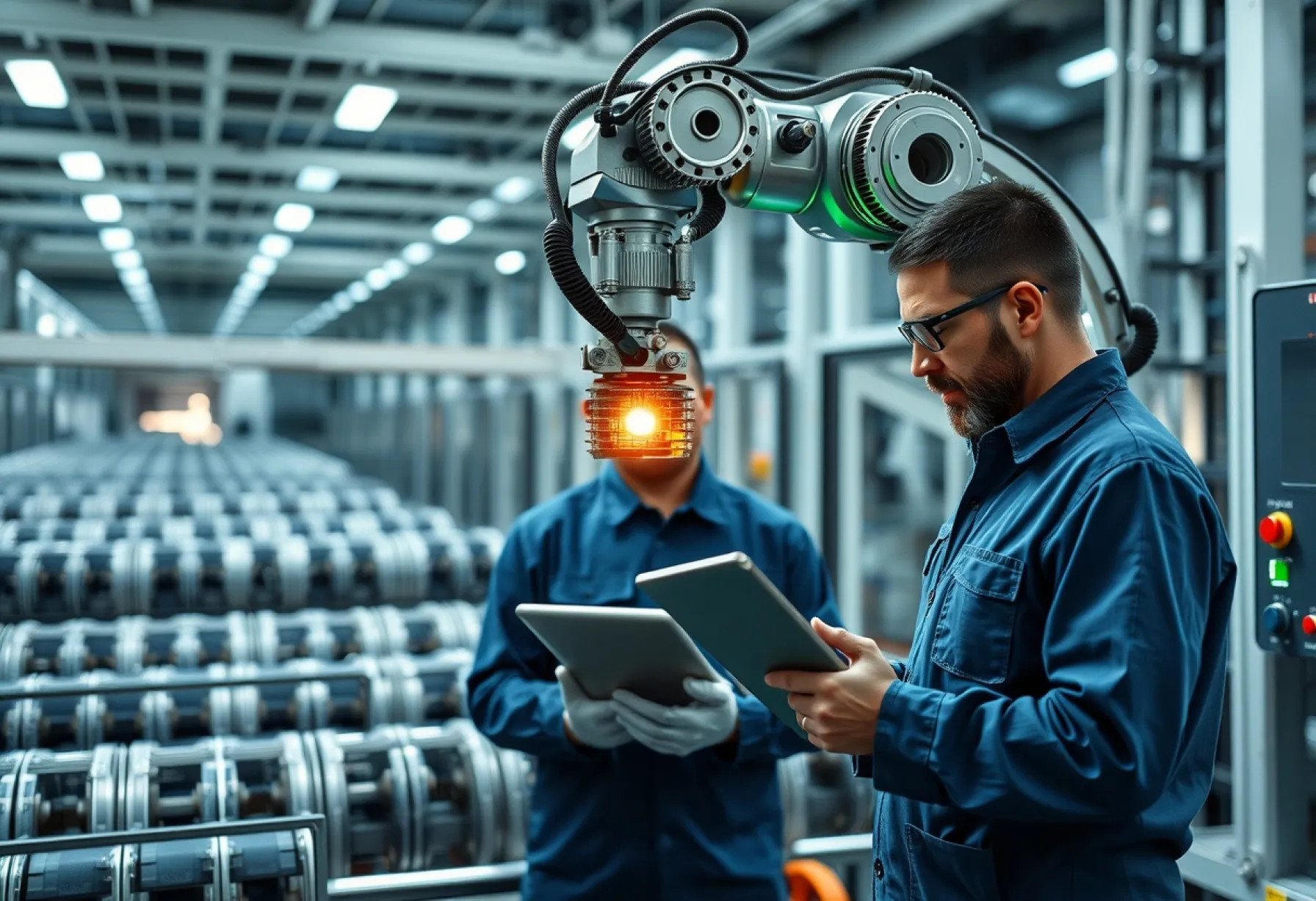 Industrieroboter und Effizienzüberwachung in moderner Produktionsanlage in Japan