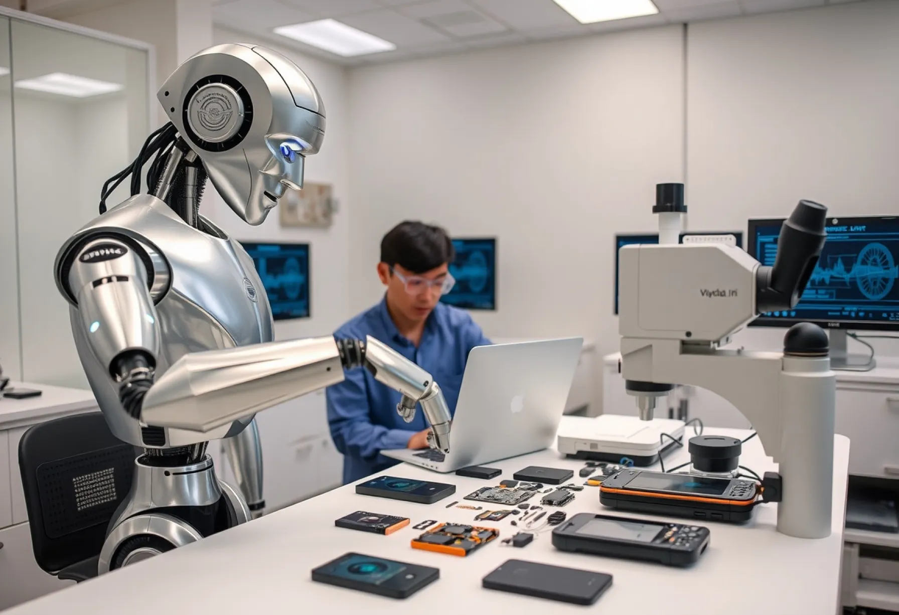 Programmierung eines humanoiden Roboters zur präzisen Montage von Smartphone-Komponenten in einem Tokioer Laborumfeld