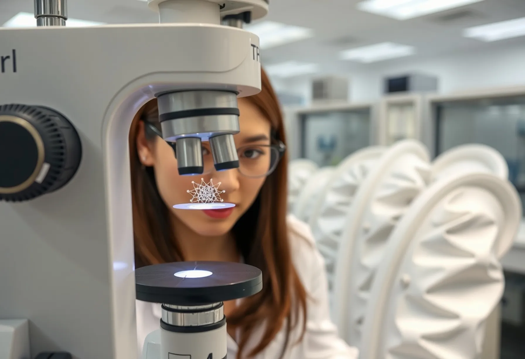 Forscherin arbeitet im Labor mit Rasterkraftmikroskop an Silizium-Nanoröhren