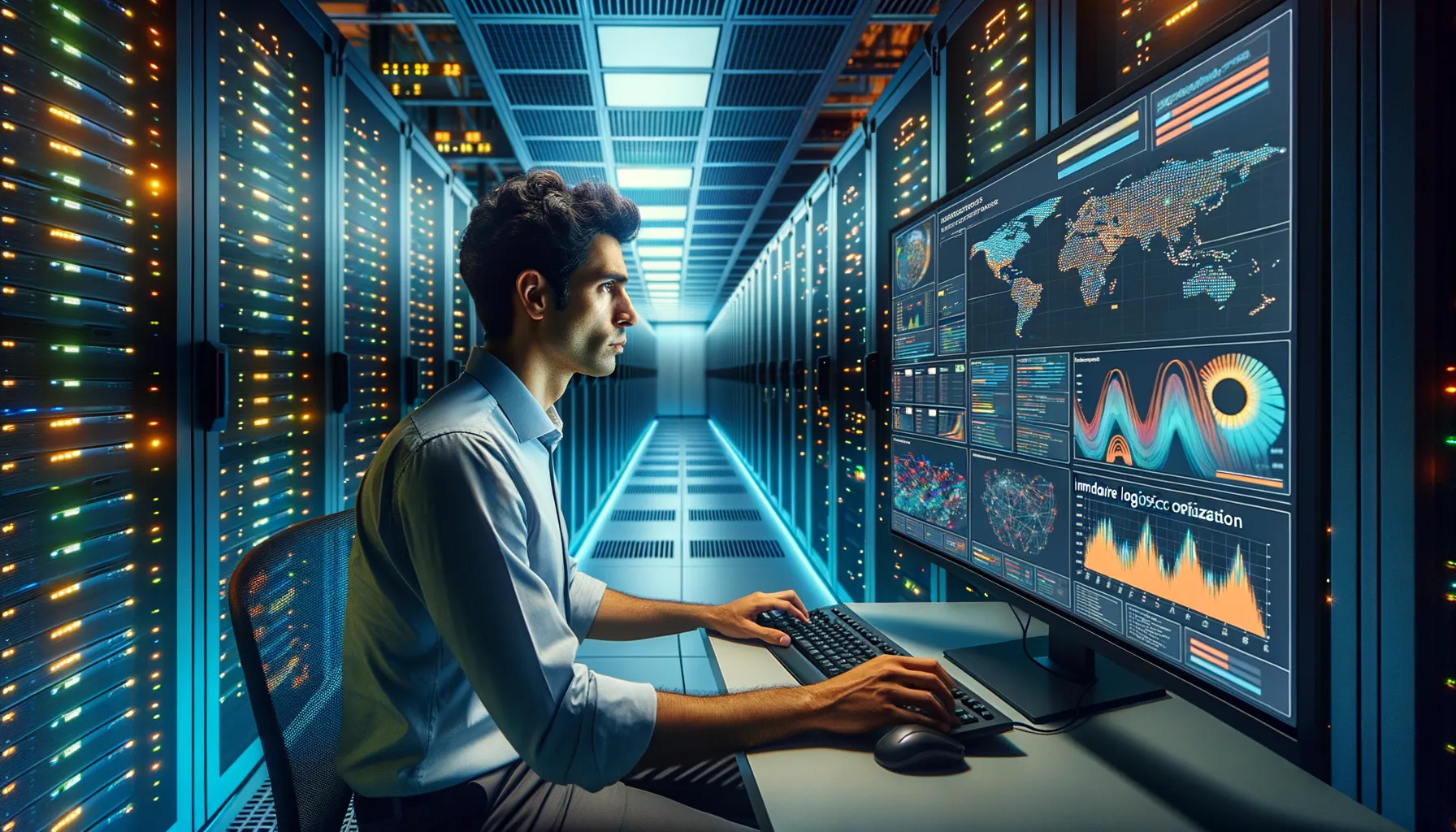 Techniker überwacht Echtzeit-Datenströme in Frankfurter Rechenzentrum zur Optimierung der Logistik.