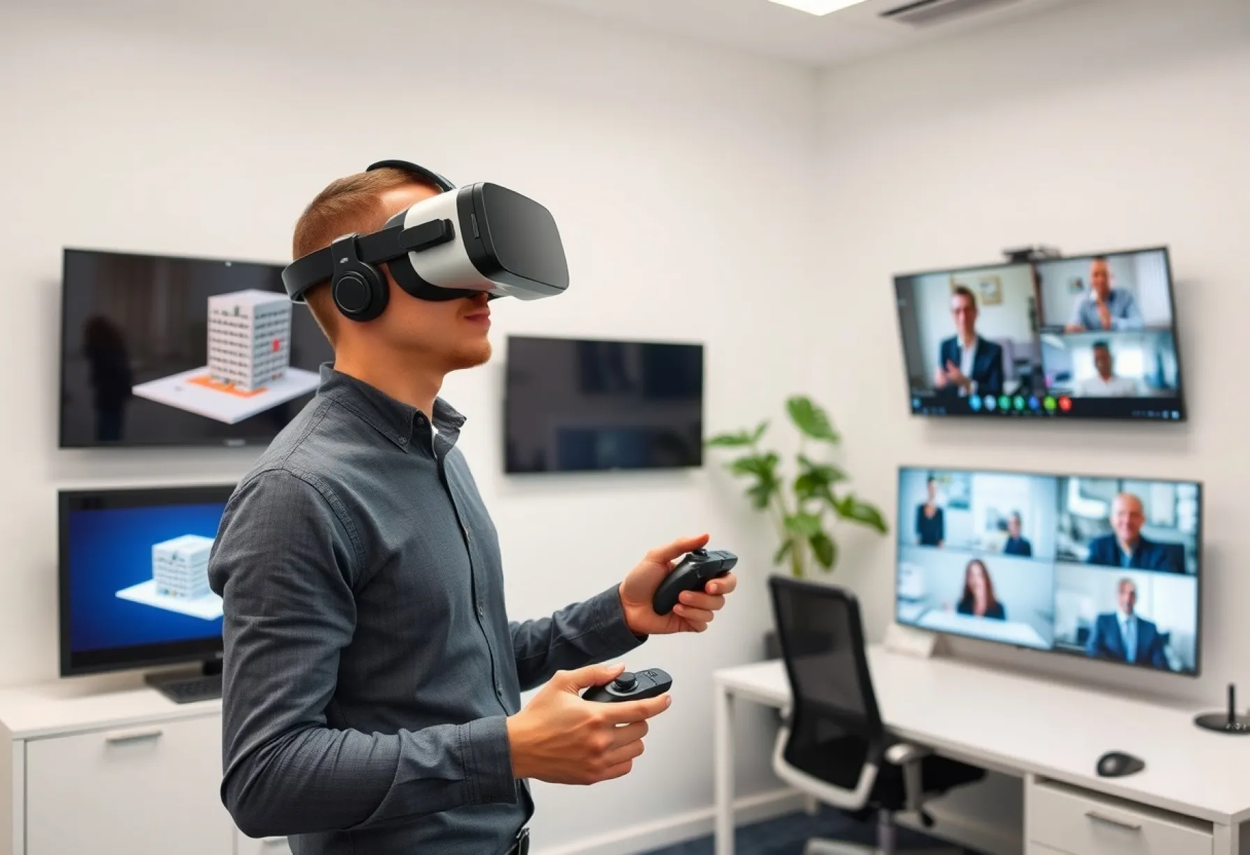 Nutzung von Virtual-Reality-Technologie in einem modernen Büro in Stockholm zur Architekturvisualisierung und internationalen Zusammenarbeit.