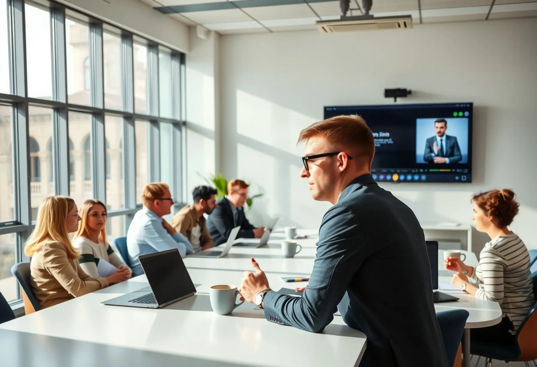 Videokonferenz in einem modernen Büro: Analyse und Diskussion von Präsentationsgrafiken