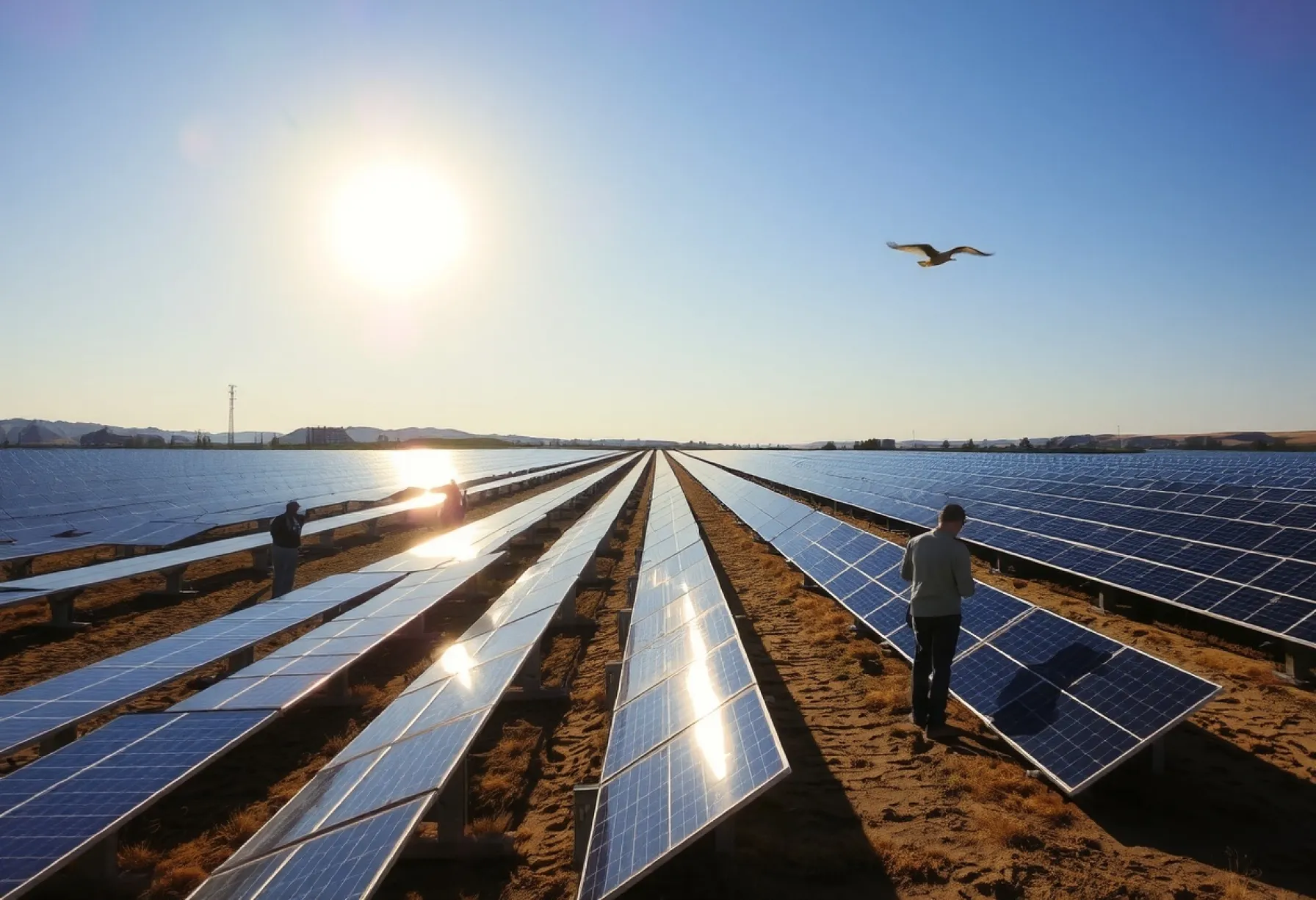 Techniker arbeiten an einem Solarfeld mit Photovoltaik-Modulen bei klarem Himmel