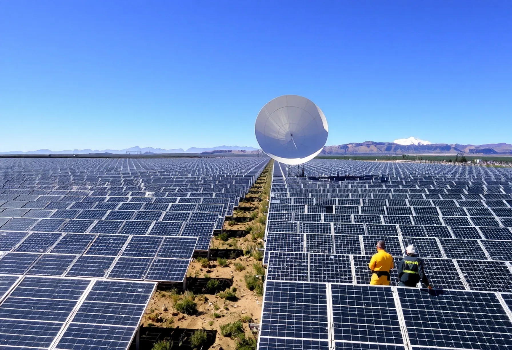 Techniker überprüfen Effizienz eines Solarfeldes mit Parabolrinnenkollektoren vor der Sierra Nevada