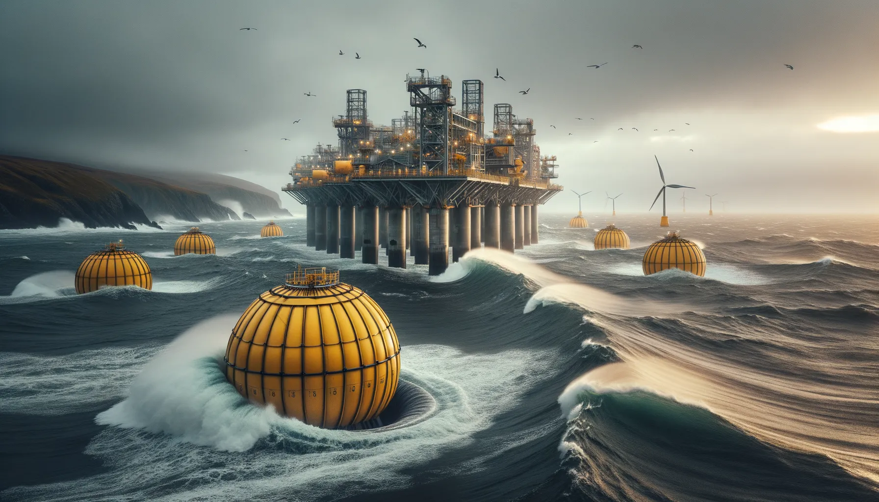 Wellenenergieanlage an Schottlands Küste bei rauem Atlantik und bewölktem Himmel