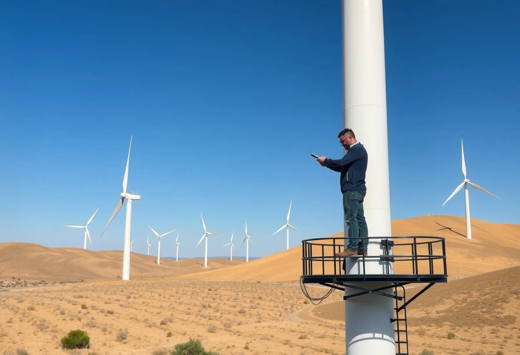 Windkraft in La Mancha: Techniker inspiziert Turbine im einsamen Windpark