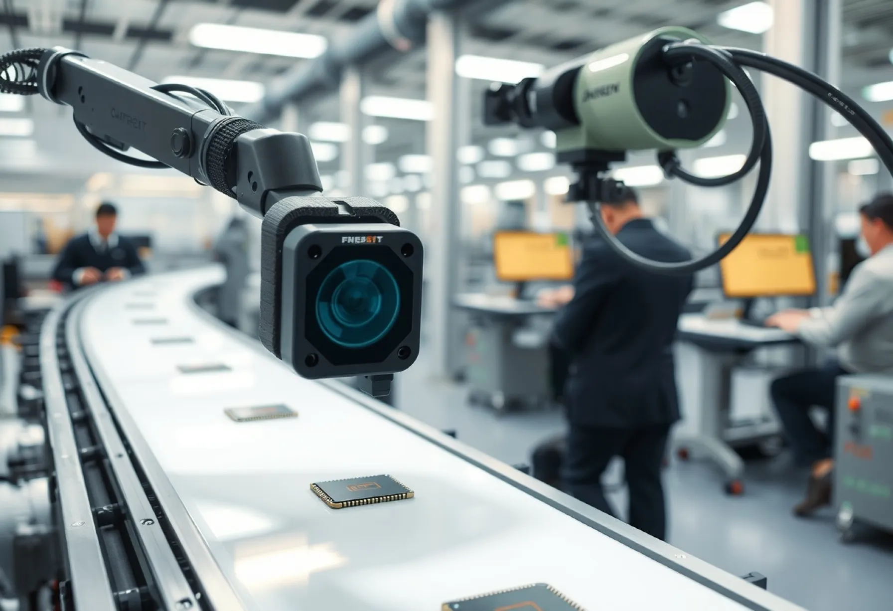 Qualitätssicherung in der Mikrochip-Produktion: Einsatz von Roboterarmen und moderner Kameratechnologie in Shenzhen