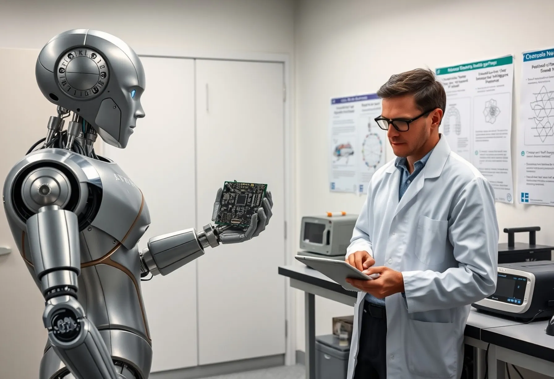 Futuristisches Labor 2035: Humanoider Roboter mit Chip, technologische Ausrüstung und Wissenschaftler im Fokus künstlicher Intelligenz-Experimente