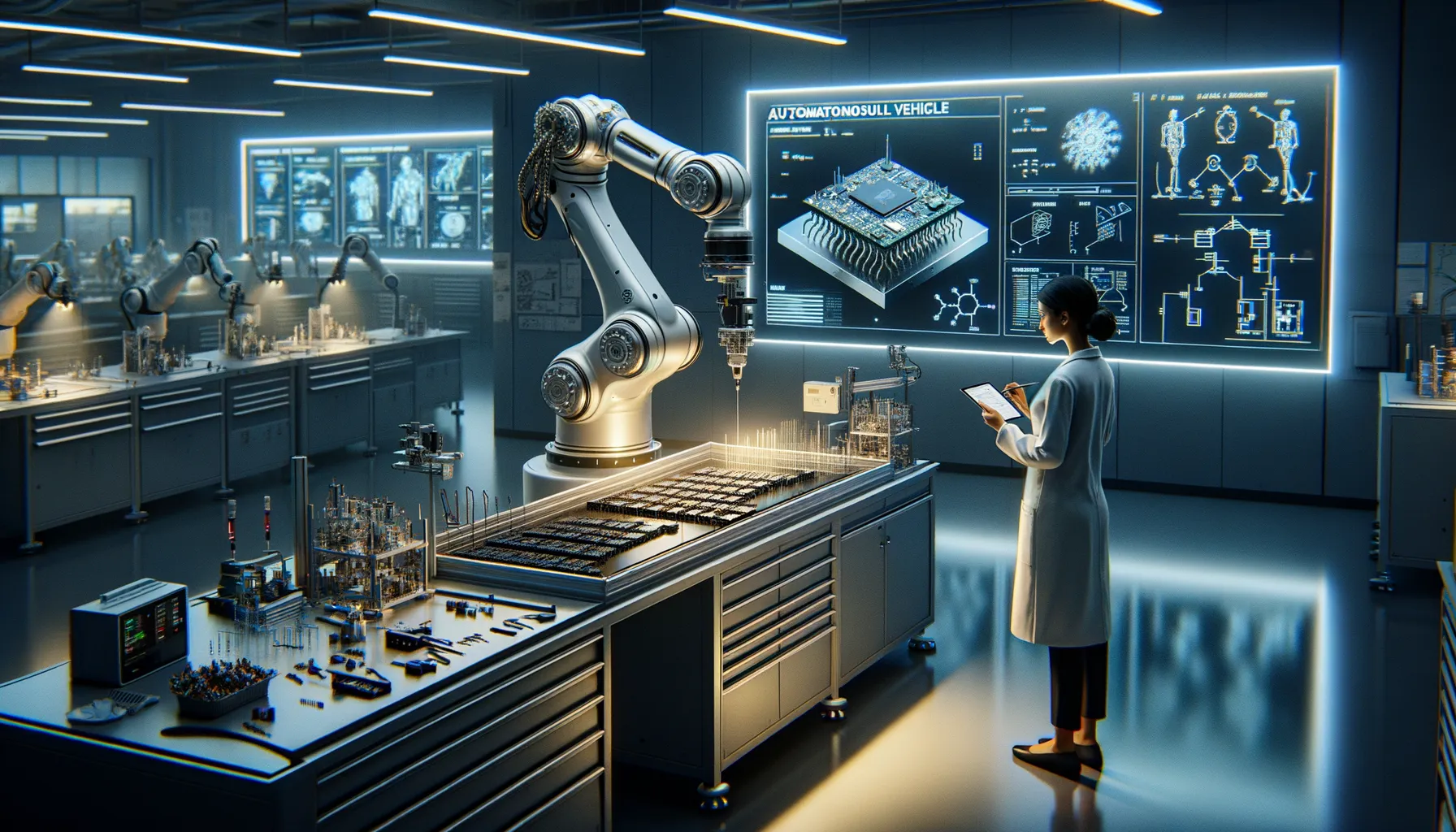 Entwicklung autonomer Fahrzeugtechnologie: Präzise Mikrochip-Integration im kalifornischen Labor 2022