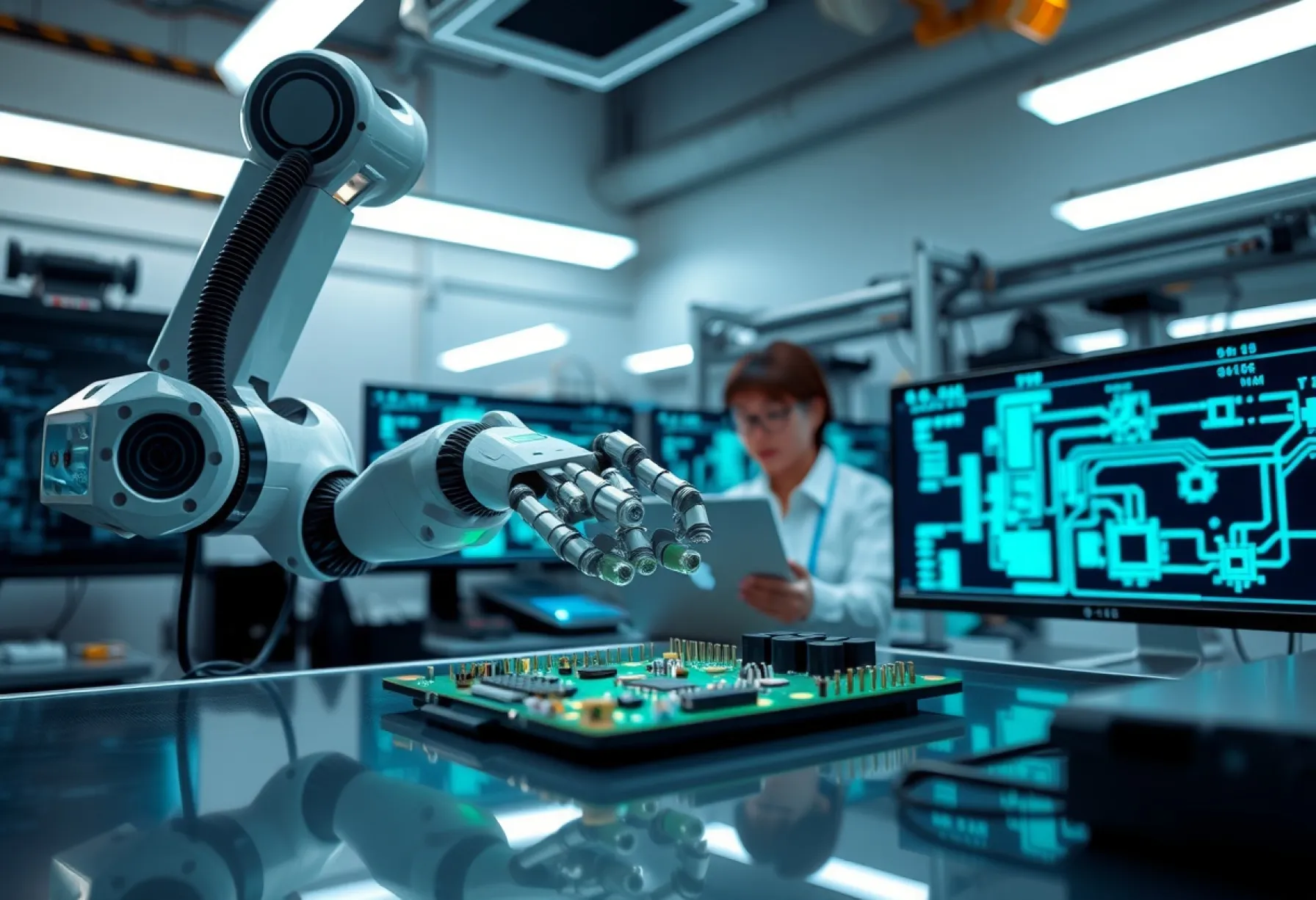 Präzisionsmontage von Platinen durch Roboterarm in einem KI-Labor in Tokio
