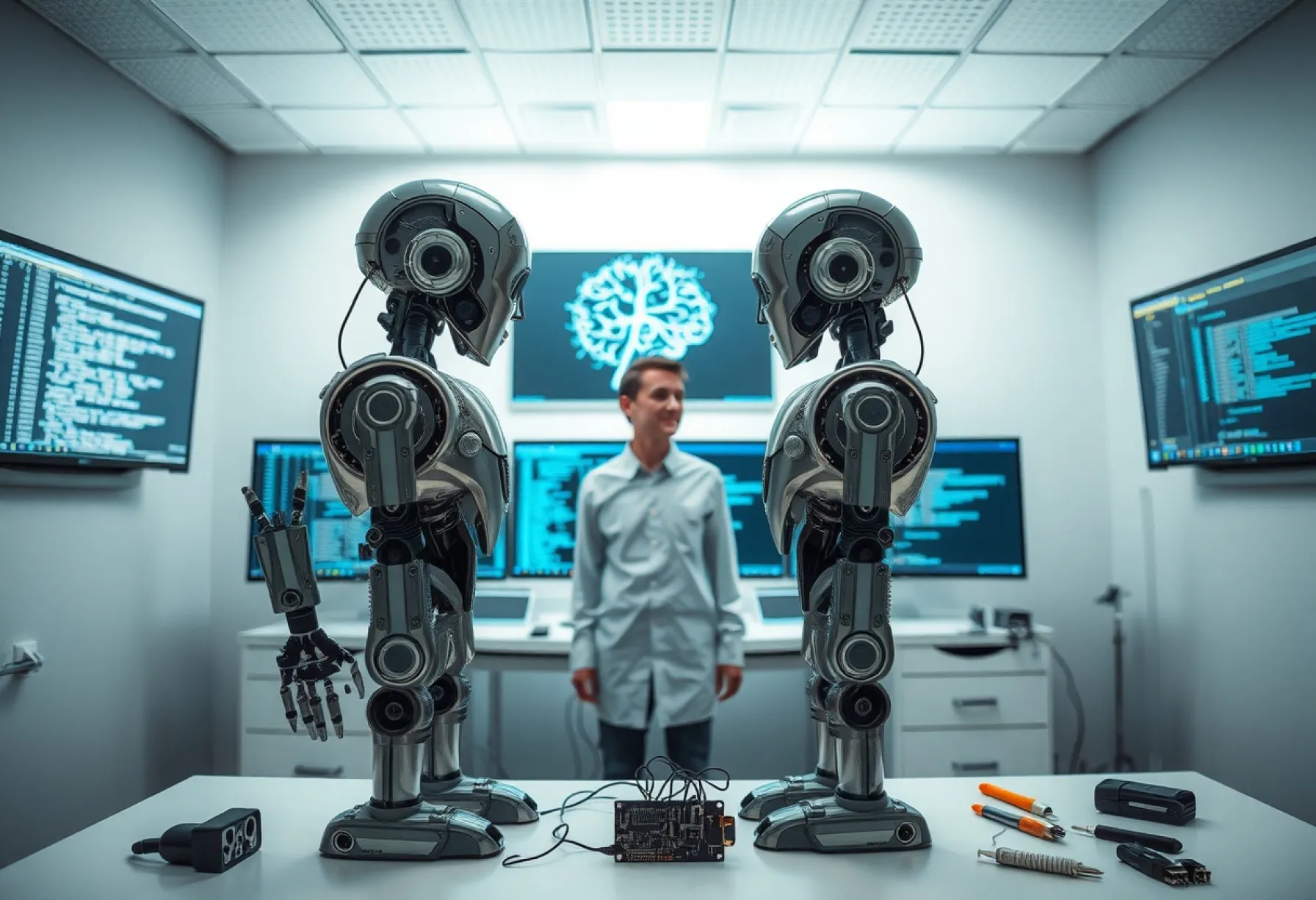 Synchronisierte humanoide Roboter und neuronale Netzwerksimulation in einem Laborumfeld