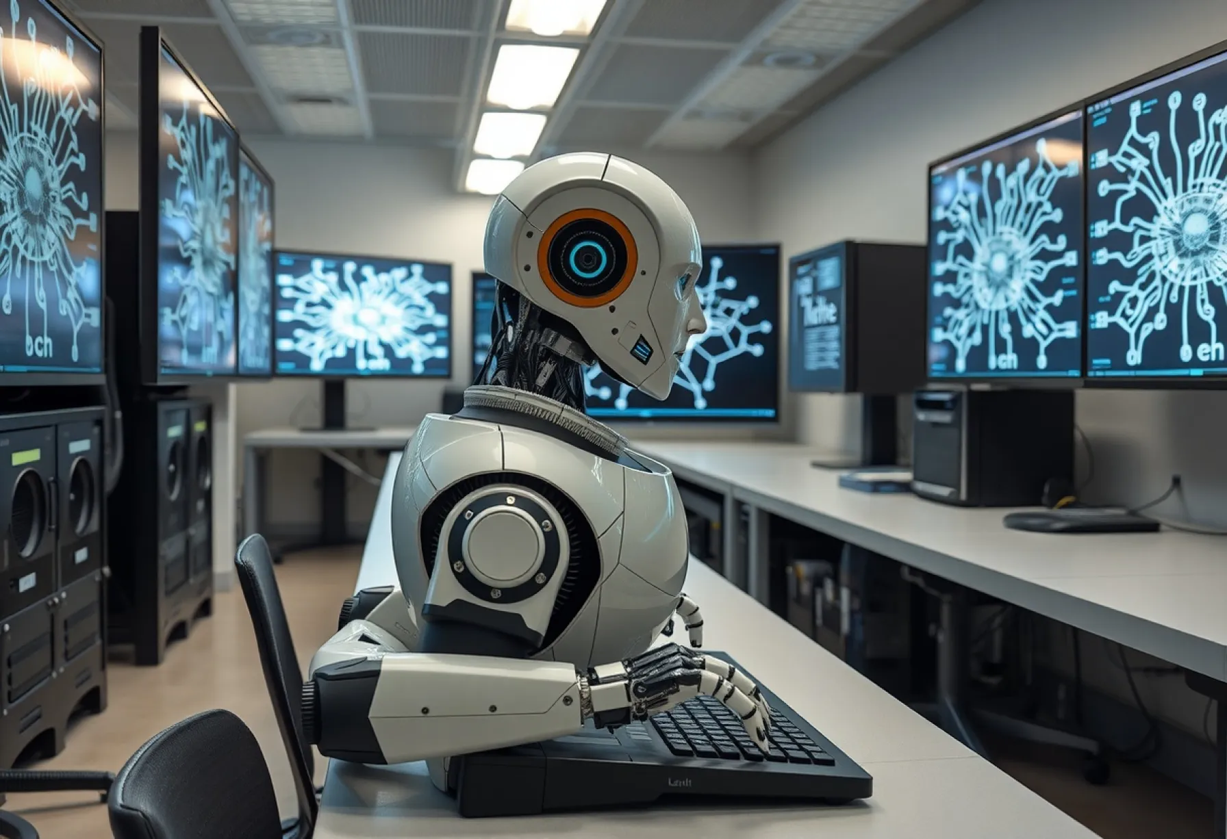 Humanoider Roboter im futuristischen Labor von San Francisco 2028: Bildklassifizierung mit neuronalen Netzwerken