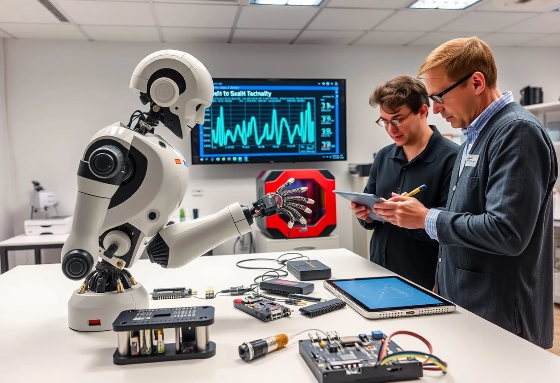 Humanoider Roboterarm im Forschungslabor bei der Arbeit an komplexen Schaltungen und neuronalen Netzwerken