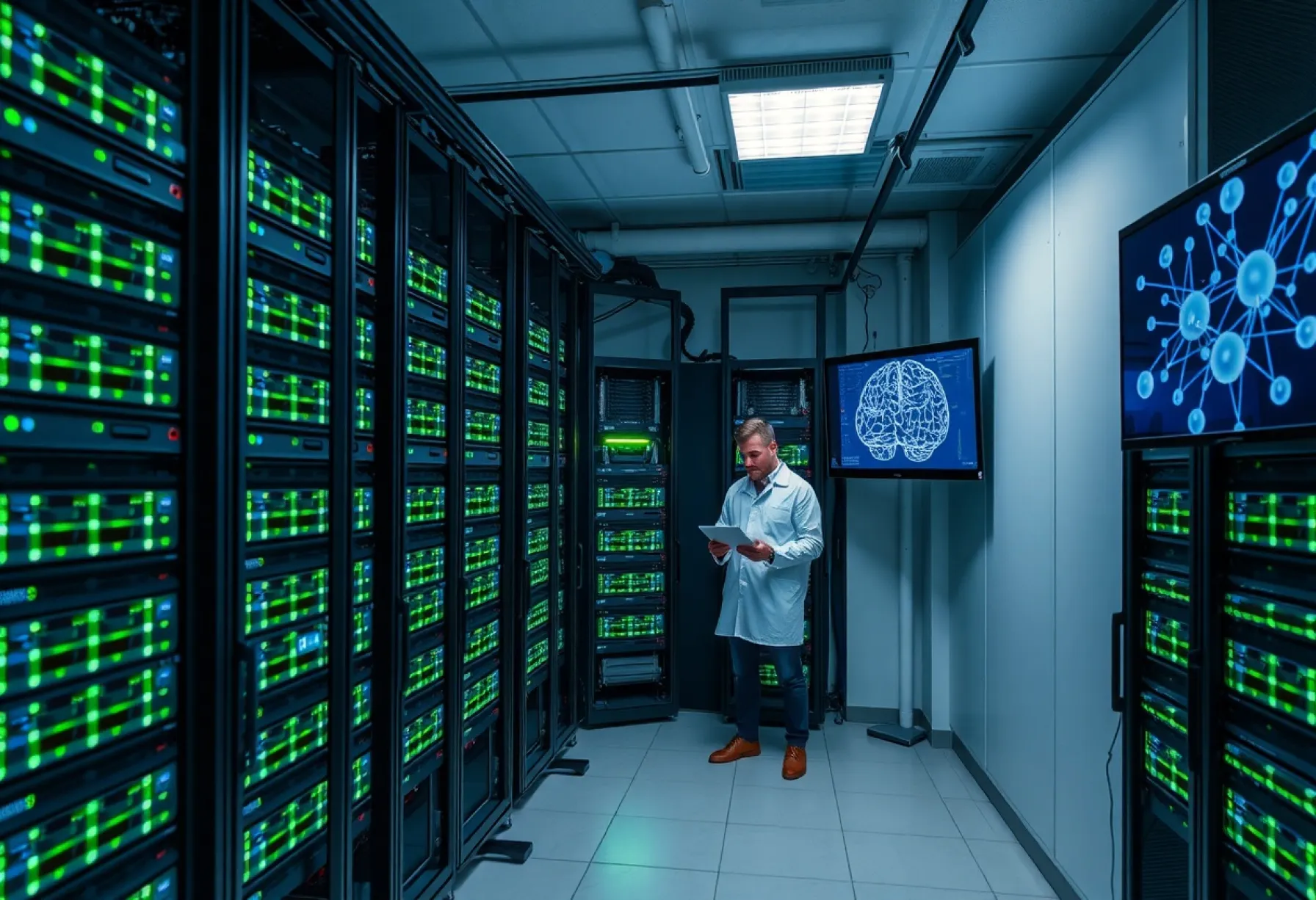 Serverraum mit Wissenschaftler und neuronalen Netzwerken