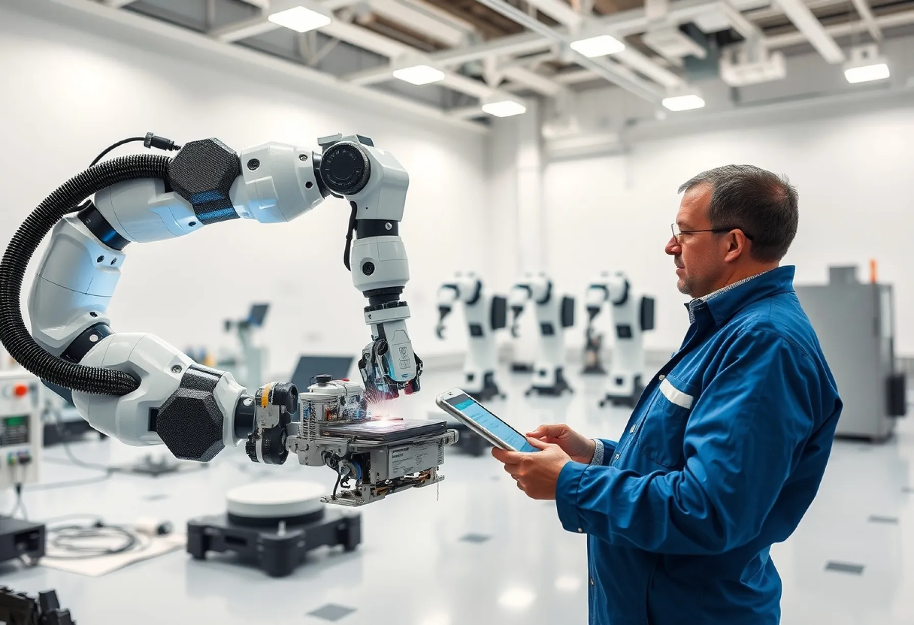 Einsatz von Roboterarmen in der Elektronikproduktion in Yokohama, Japan