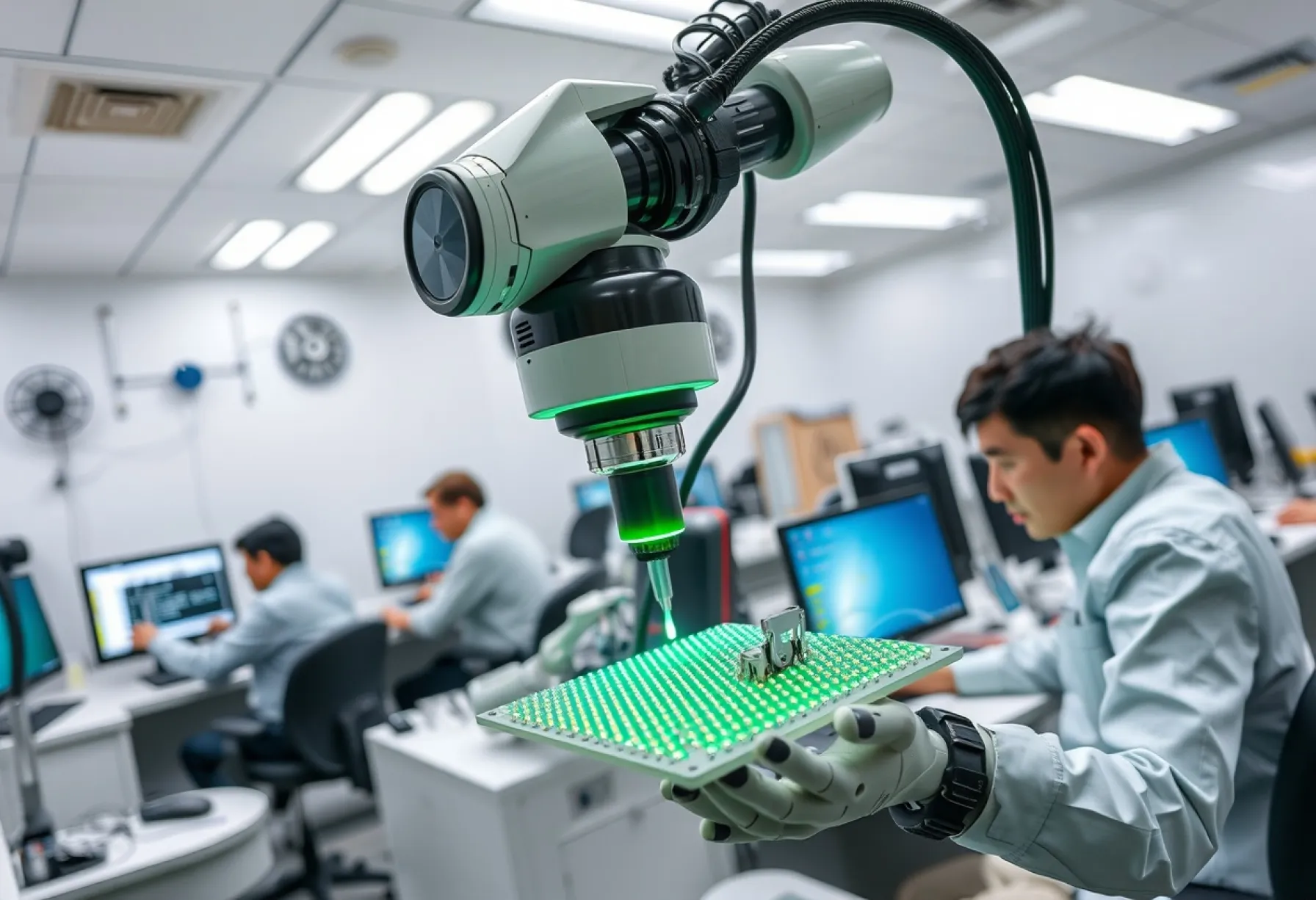 Humanoider Roboter in Tokioter Labor analysiert Platine unter Beobachtung von Ingenieuren