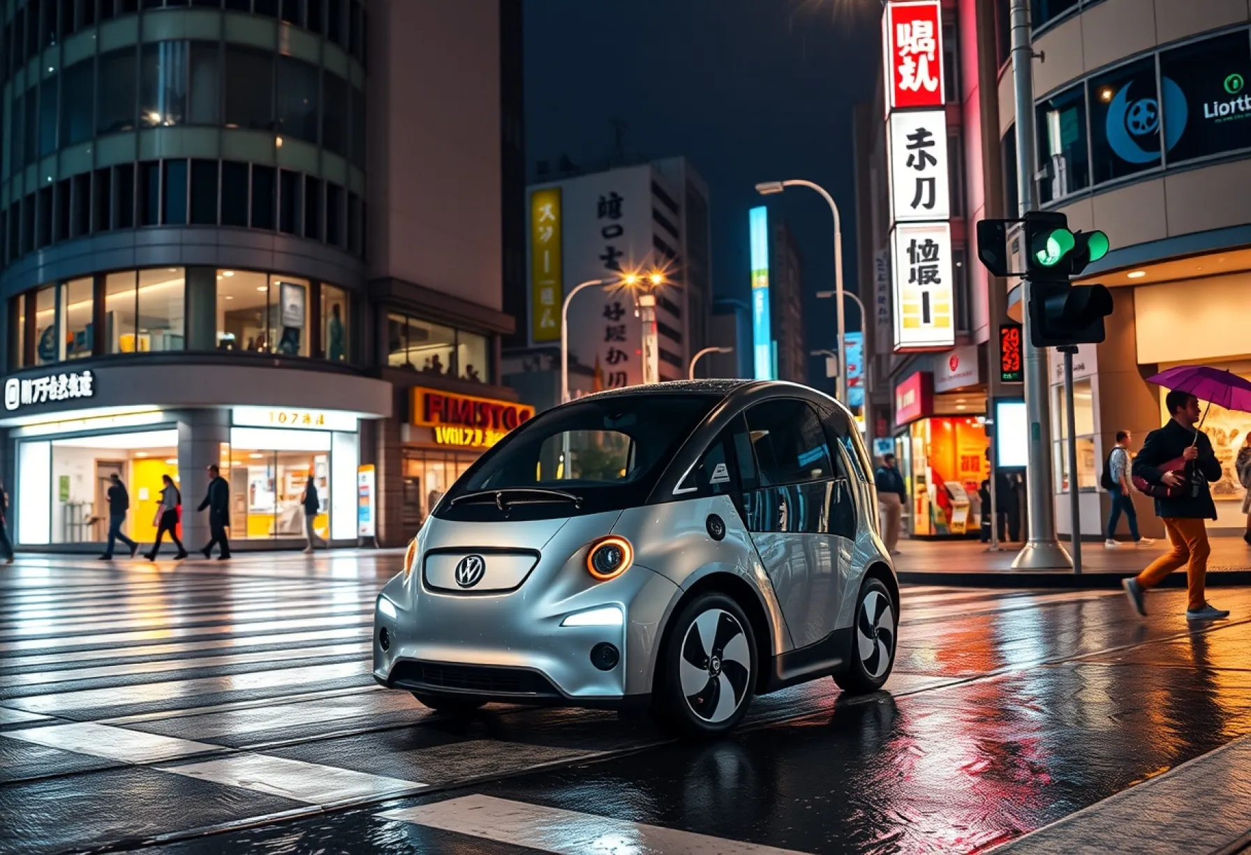Autonomes Fahrzeug erkundet nächtliche Straßen von Tokio im Regen