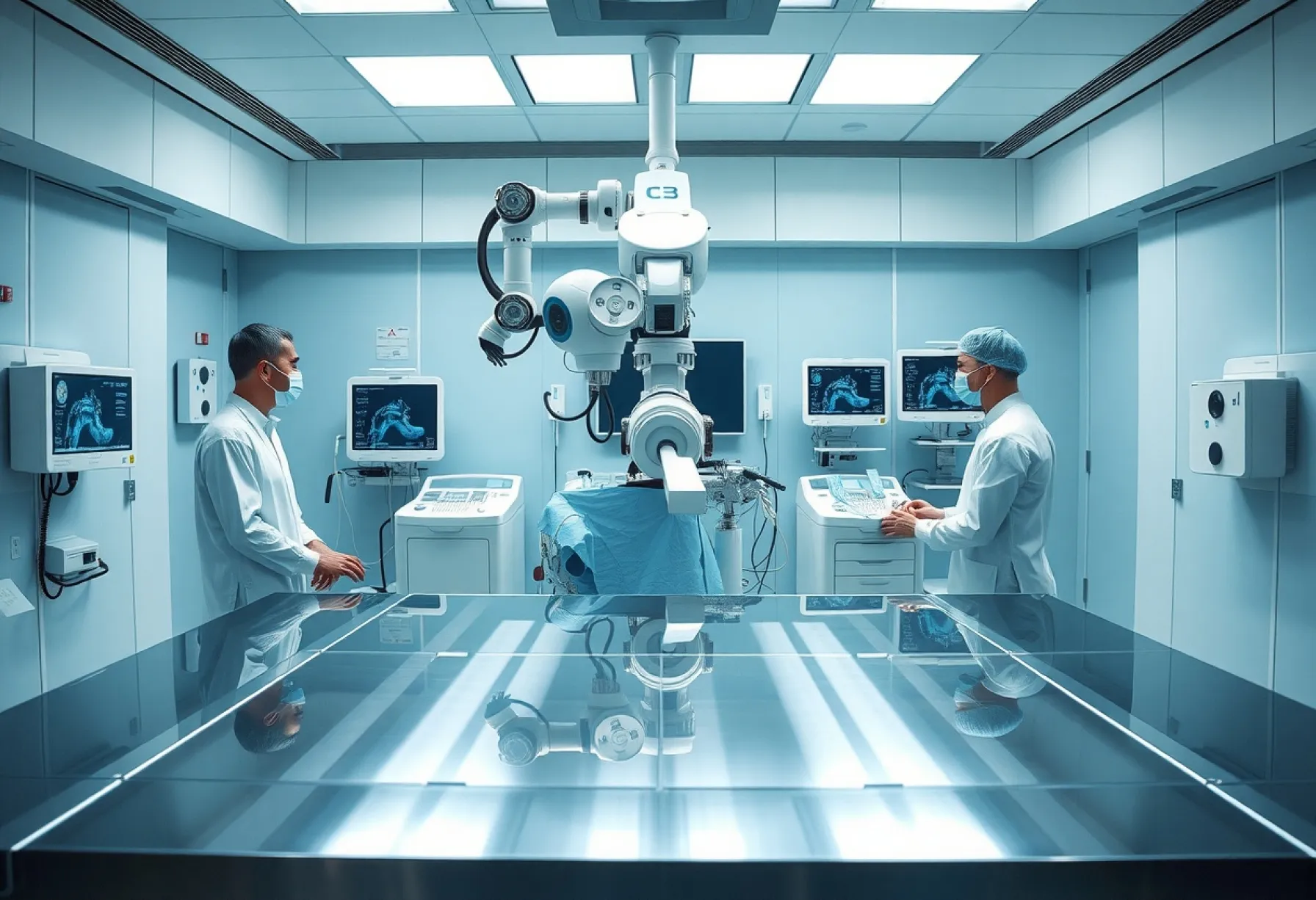 Chirurgische Robotik im Jahr 2032: Einsatz eines modernen Roboterarms in einem OP-Saal in Tokio