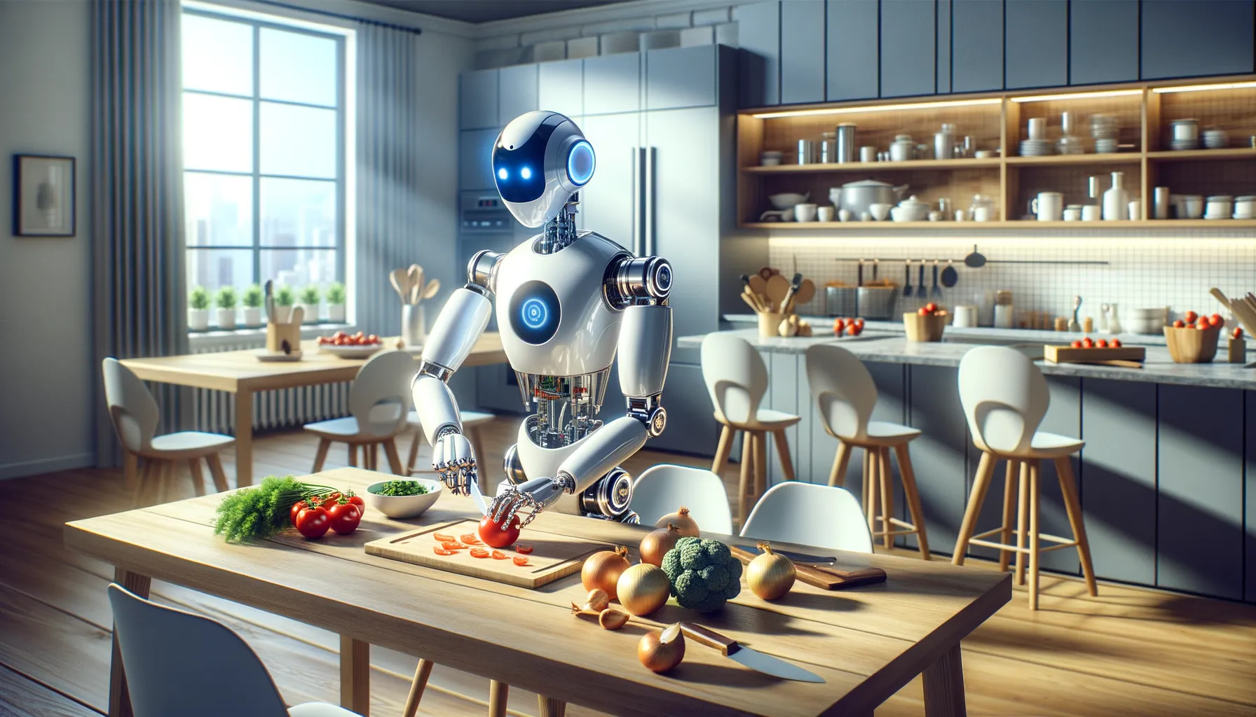 Moderner Haushaltsroboter bei der Küchenarbeit: Präzises Schneiden von Zutaten in einer modernen Umgebung