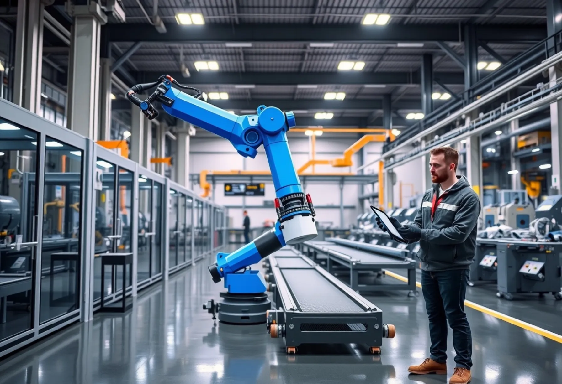 Industrieroboterarm in moderner Produktionshalle: Einsatz und Überwachung durch Techniker