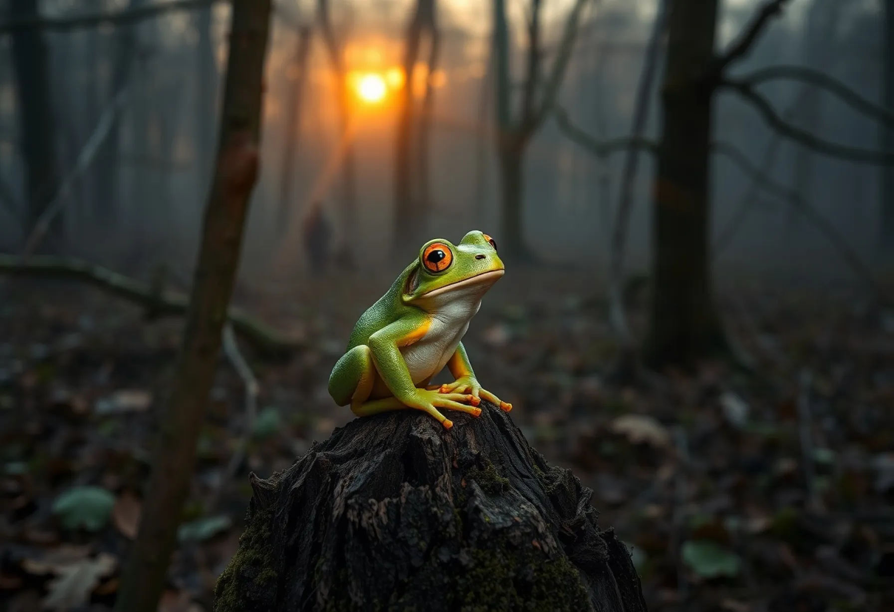 Europäischer Laubfrosch auf moosbewachsenem Ast im Buchenwald von Brandenburg