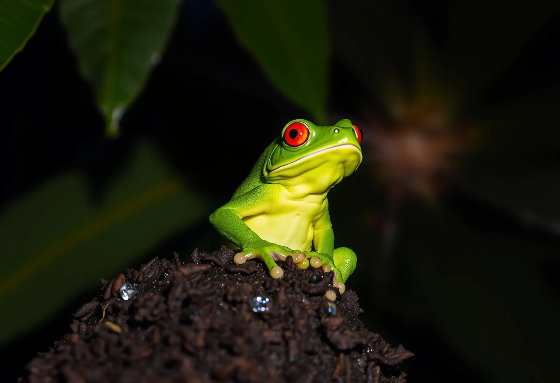 Grüner Laubfrosch auf moosbedecktem Ast im Regenwald von Costa Rica