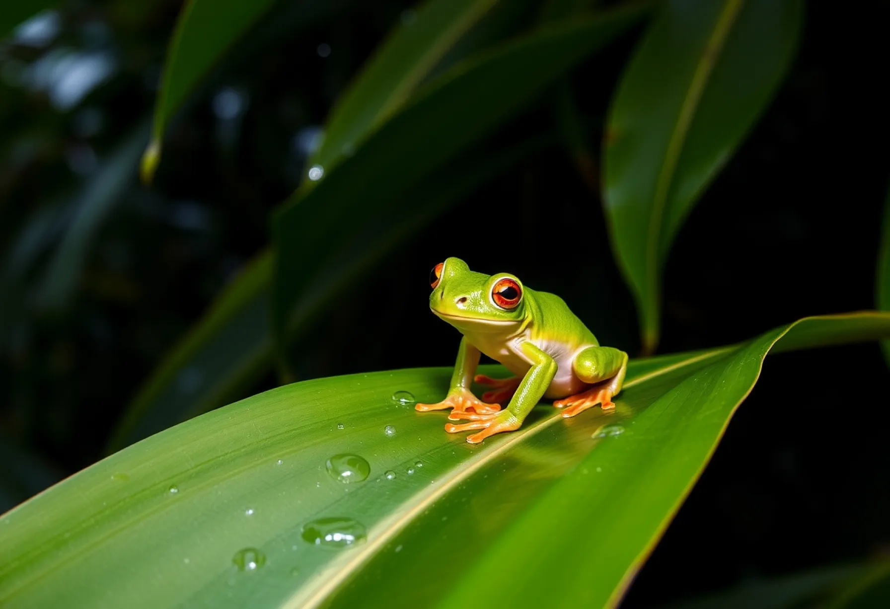 Grüner Laubfrosch im Regenwald von Costa Rica: Ein ruhiger Moment bei leichtem Regen auf einem Blatt