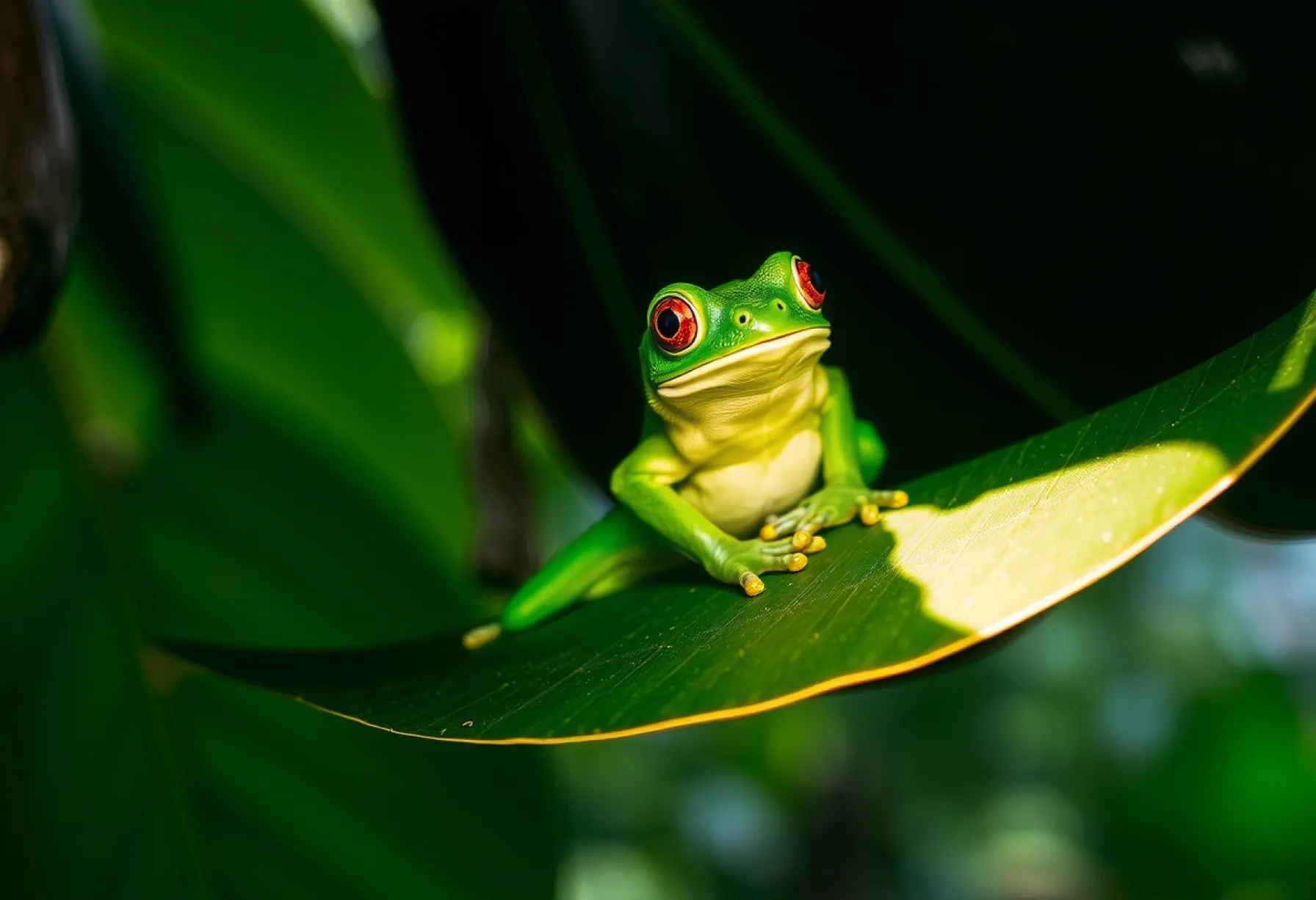 Laubfrosch auf Blatt im Regenwald von Costa Rica: Kontrastreicher Anblick in feuchter Umgebung