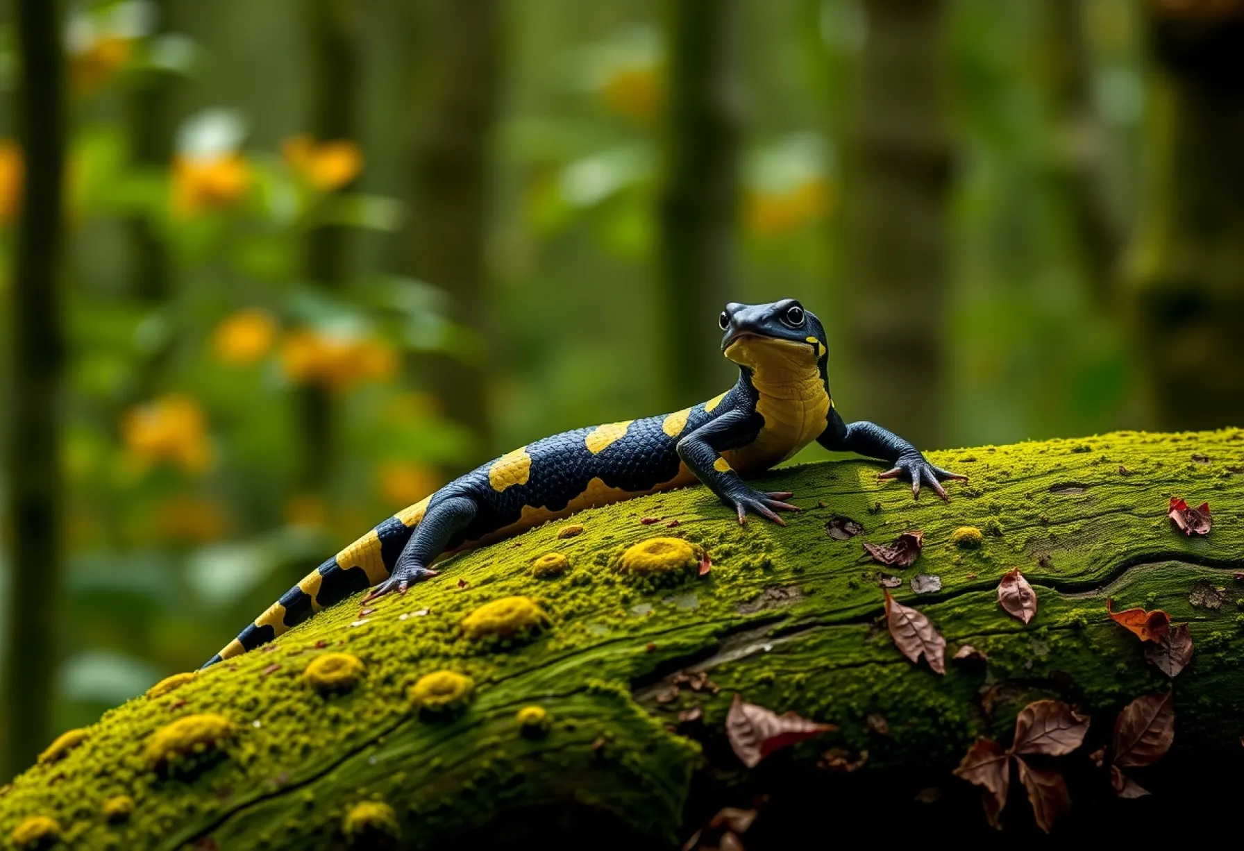 Europäischer Feuersalamander auf moosbewachsenem Baumstamm im Harzer Wald