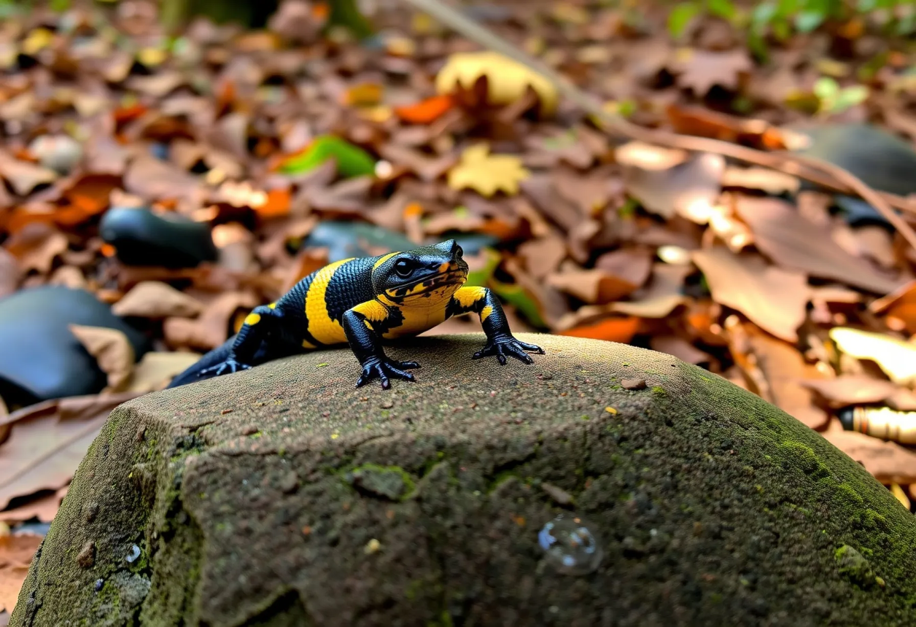 Feuersalamander im feuchten Waldgebiet der Eifel, Deutschland