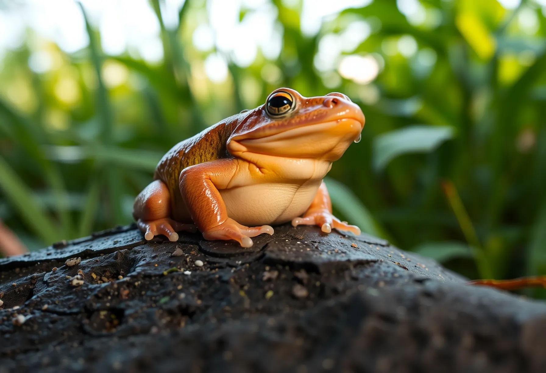 Fotografie einer Gelbbauchunke auf moosbewachsenem Stein in süddeutschem Feuchtgebiet
