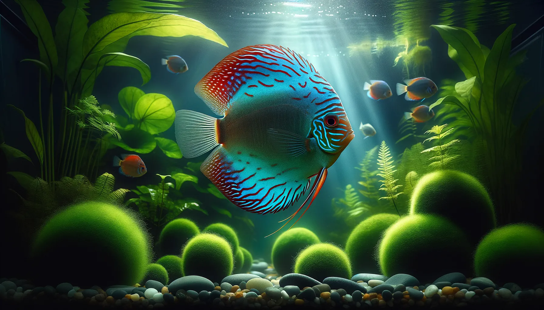 Diskusbuntbarsch im bepflanzten Aquarium: Farbspiel und Lichtreflexionen