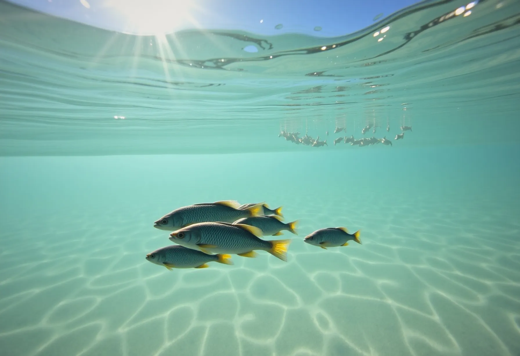 Tilapia-Fische im klaren Wasser des Lake Tanganyika, Tansania: Mutter mit Jungen und Schwarm im Hintergrund