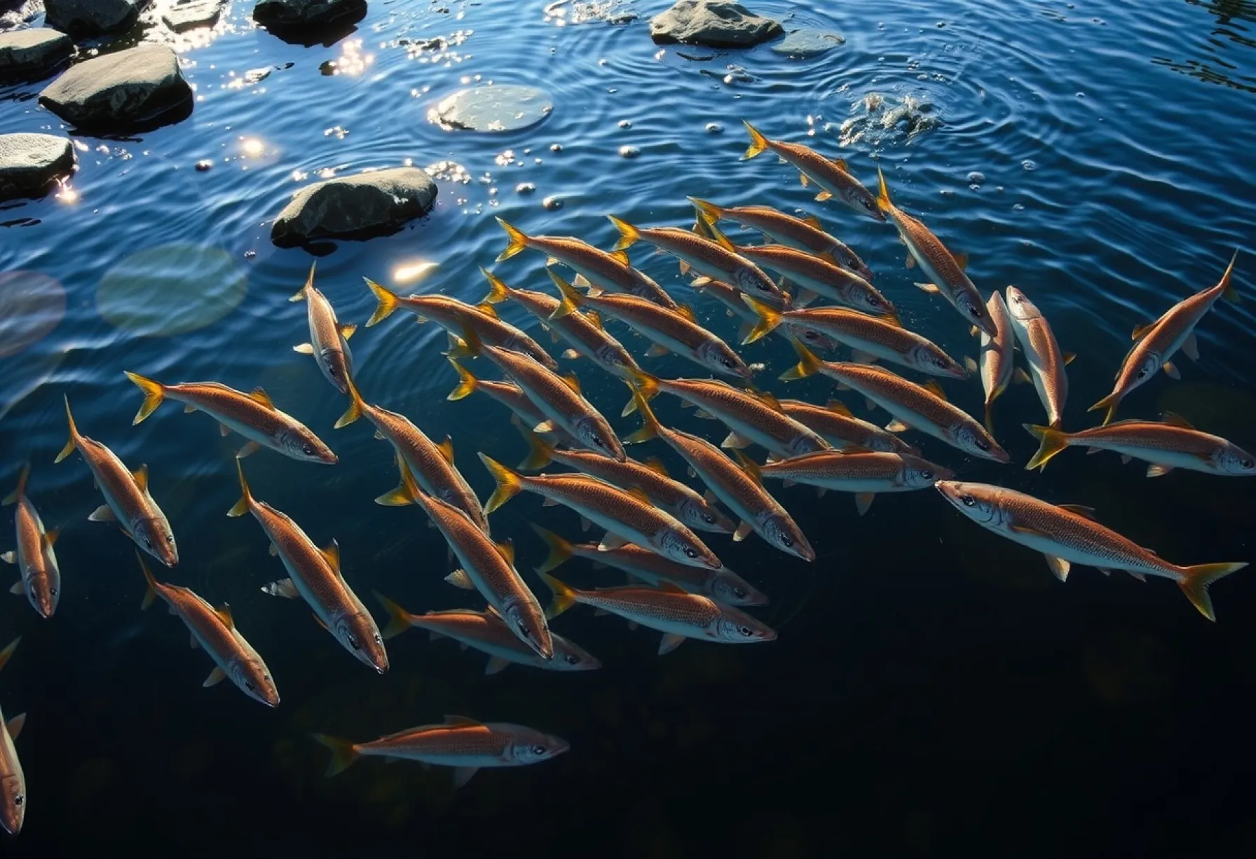 Beobachtung eines Schwarms Atlantischer Lachse in einem norwegischen Fluss während der Laichzeit.