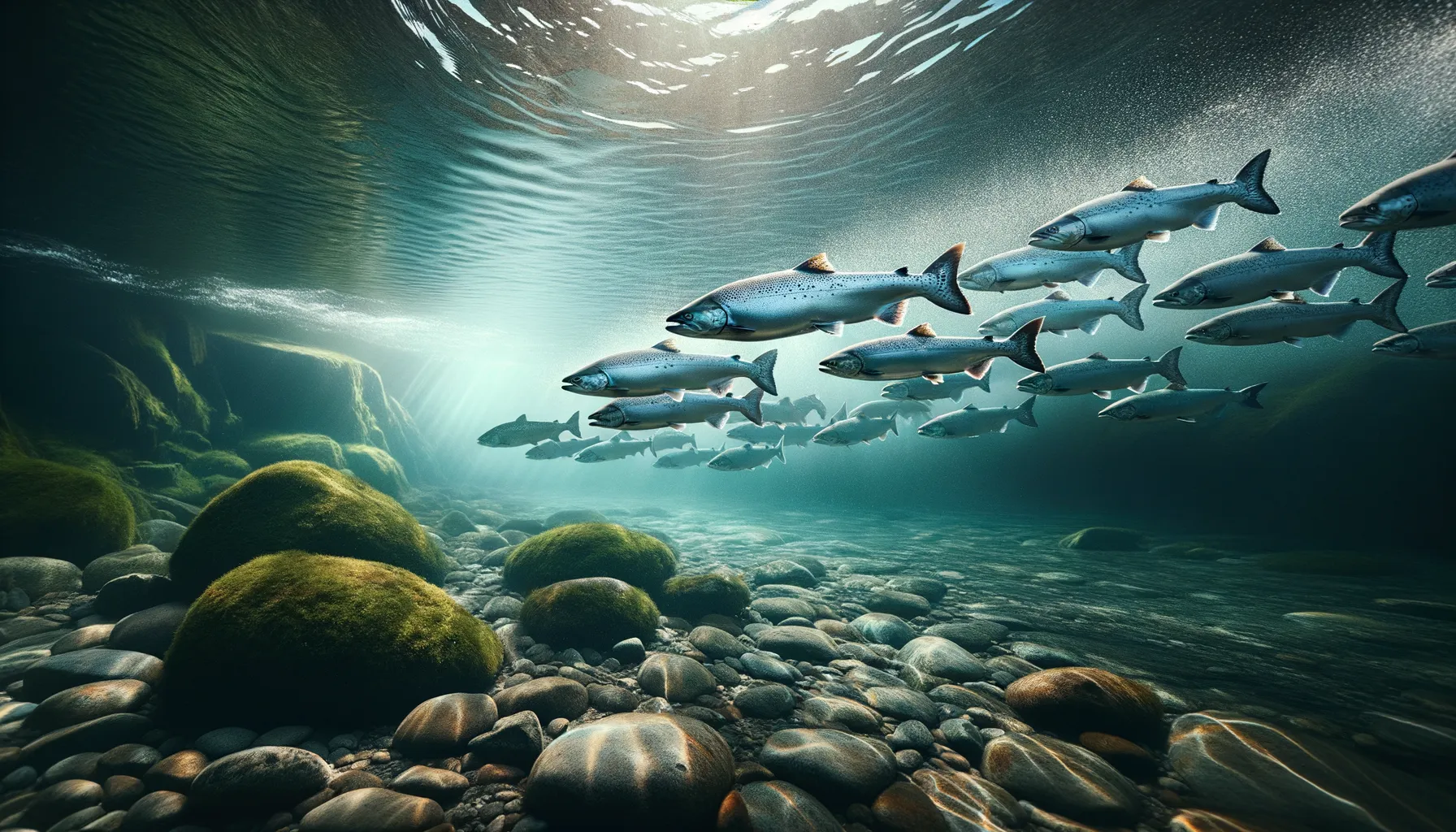 Schwarm von Atlantischen Lachsen in norwegischem Fluss: Koordinierte Bewegungen und natürliche Lebensräume