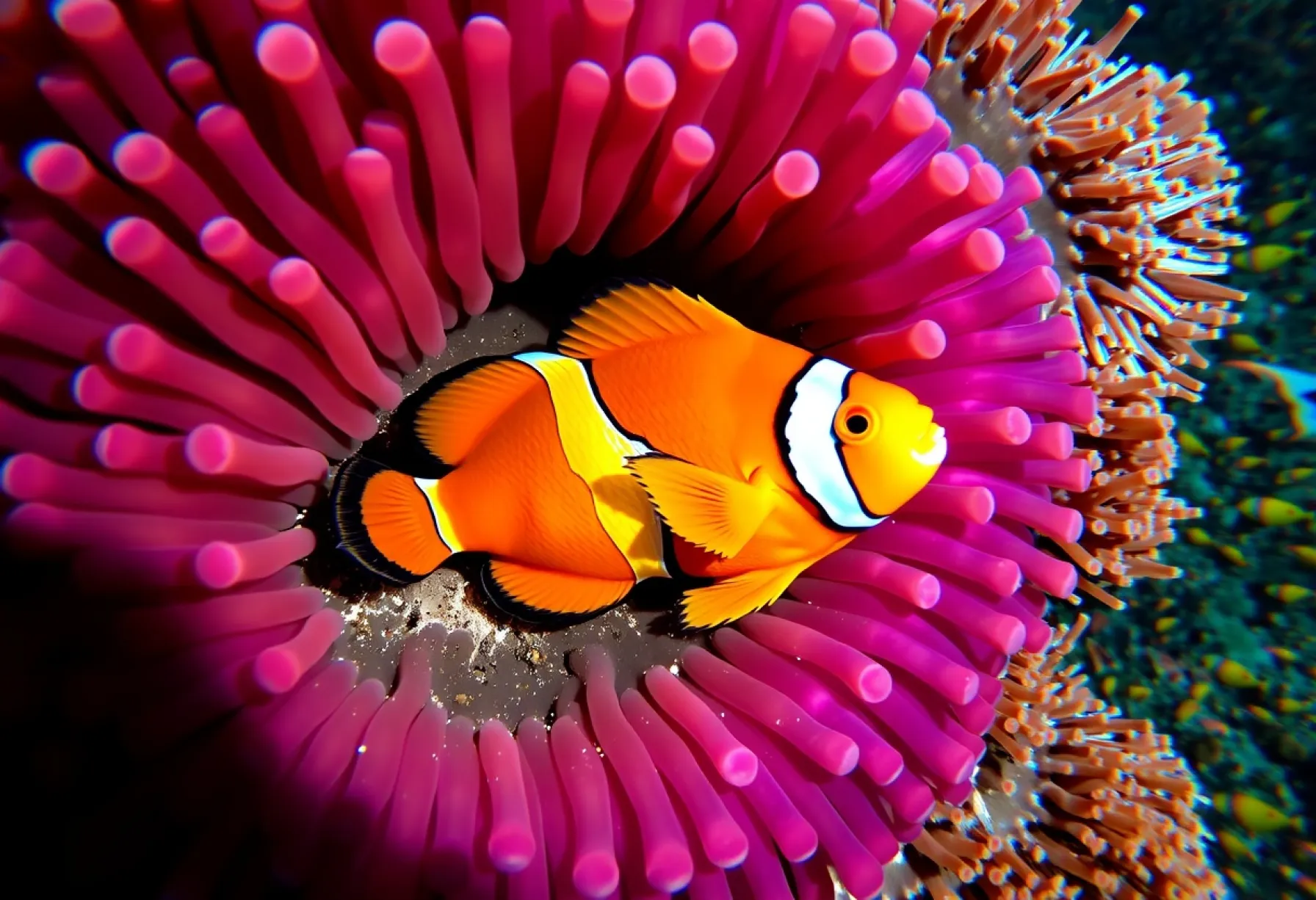 Clownfisch in violetter Anemone im Korallenriff der Andamanensee, Thailand