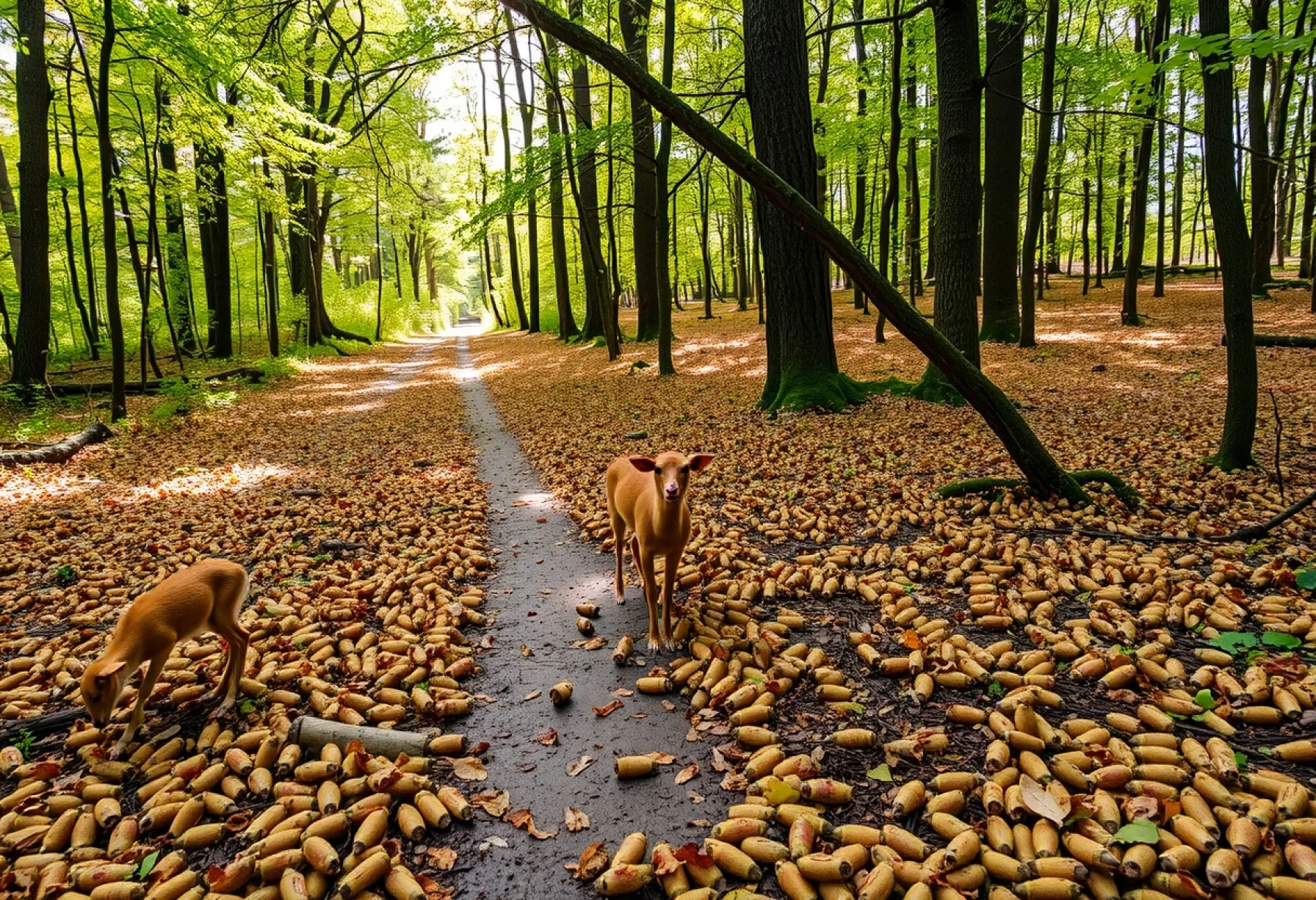 Aktivität von Waldameisen auf feuchtem Waldboden unter gedämpften Lichtverhältnissen