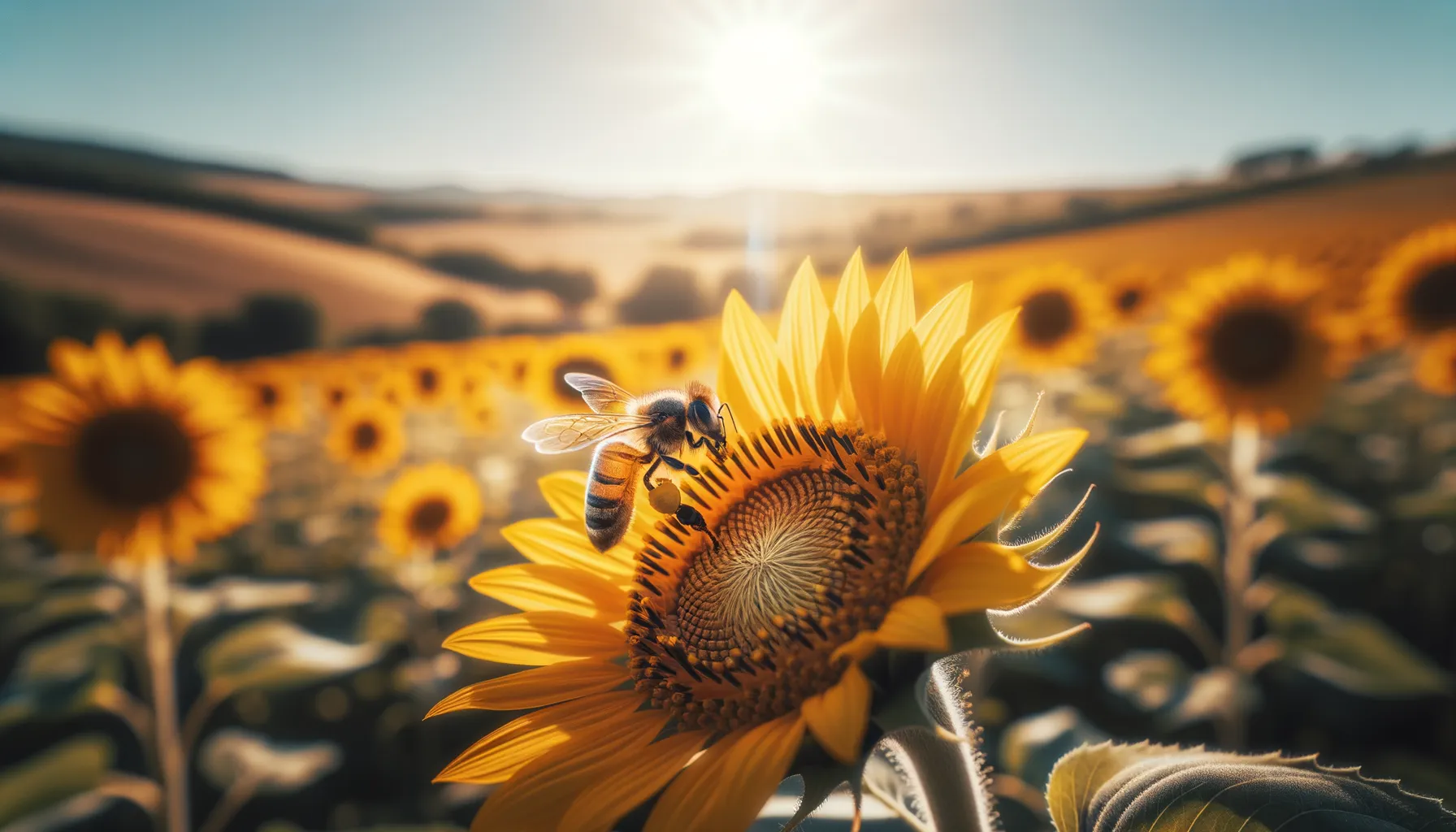 Honigbiene beim Pollensammeln auf Sonnenblume in der Toskana fotografiert