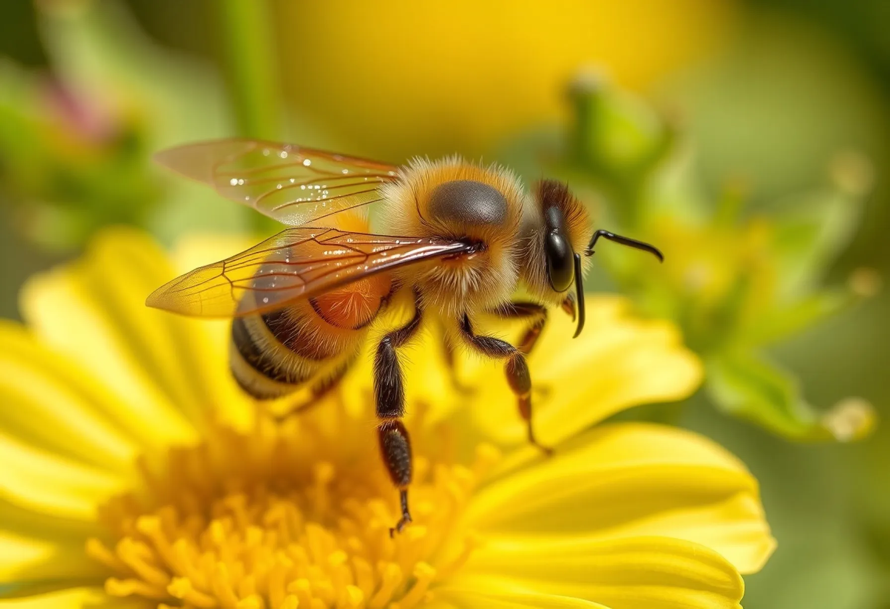 Nahaufnahme einer Honigbiene auf einer Sonnenblume im Sonnenlicht