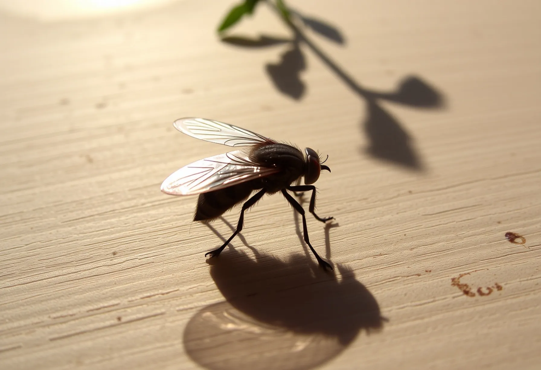 Stubenfliege auf verwittertem Holztisch mit Tageslichtreflexionen und Zimmerpflanzen-Silhouette im Hintergrund
