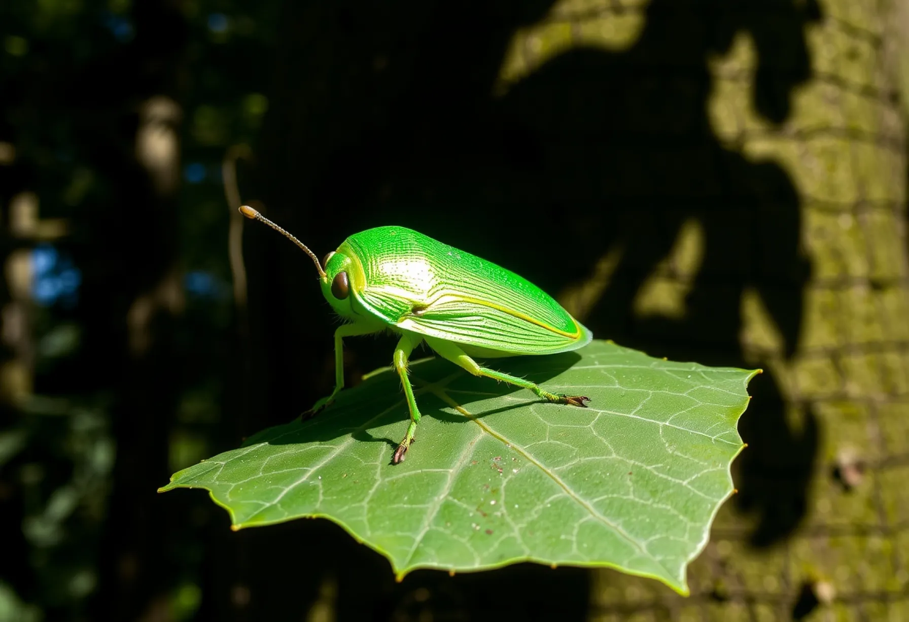 Blattkäfer auf Eichenblatt im Schwarzwald: Natürliche Lichtreflexionen und Waldumgebung
